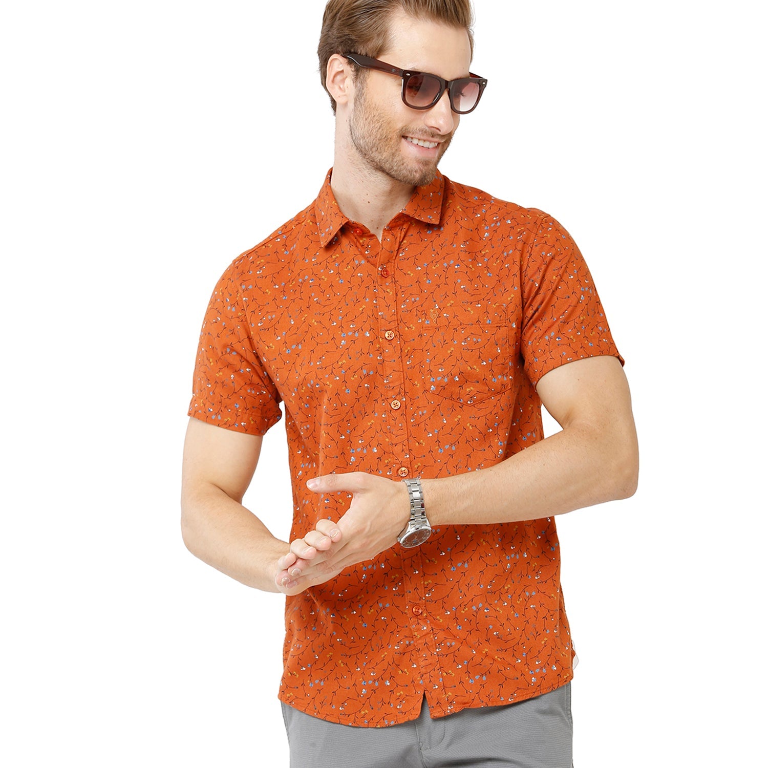 Classic Polo Mens 100% Cotton Printed Slim Fit Orange Color Woven Shirt - SN1-120 A Shirts Classic Polo 