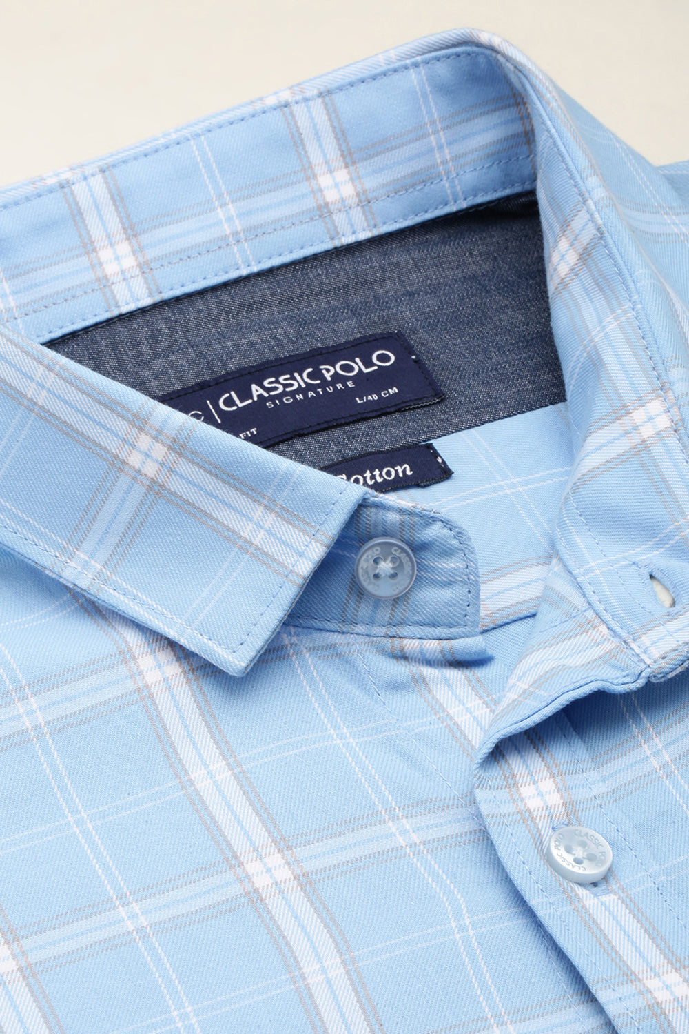 Classic Polo Men's Cotton Full Sleeve Checked Slim Fit Polo Neck Light Blue Color Woven Shirt | So1-95 B