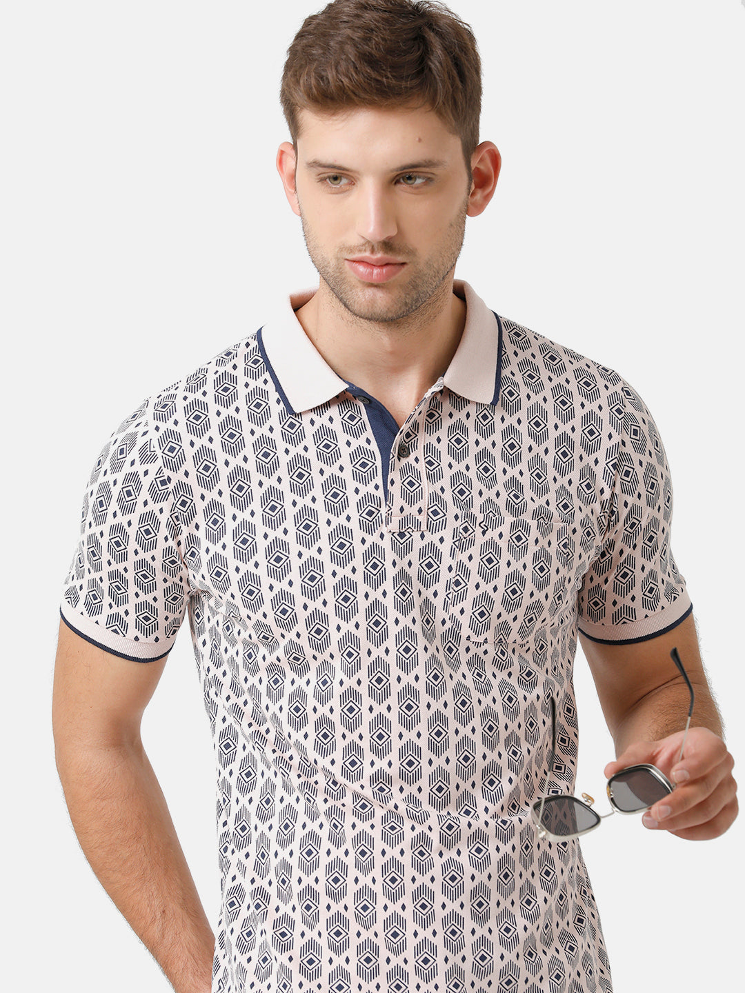 Classic Polo Mens Cotton Half Sleeve Printed Slim Fit Polo Neck Off White Color T-Shirt | Beau 171 A