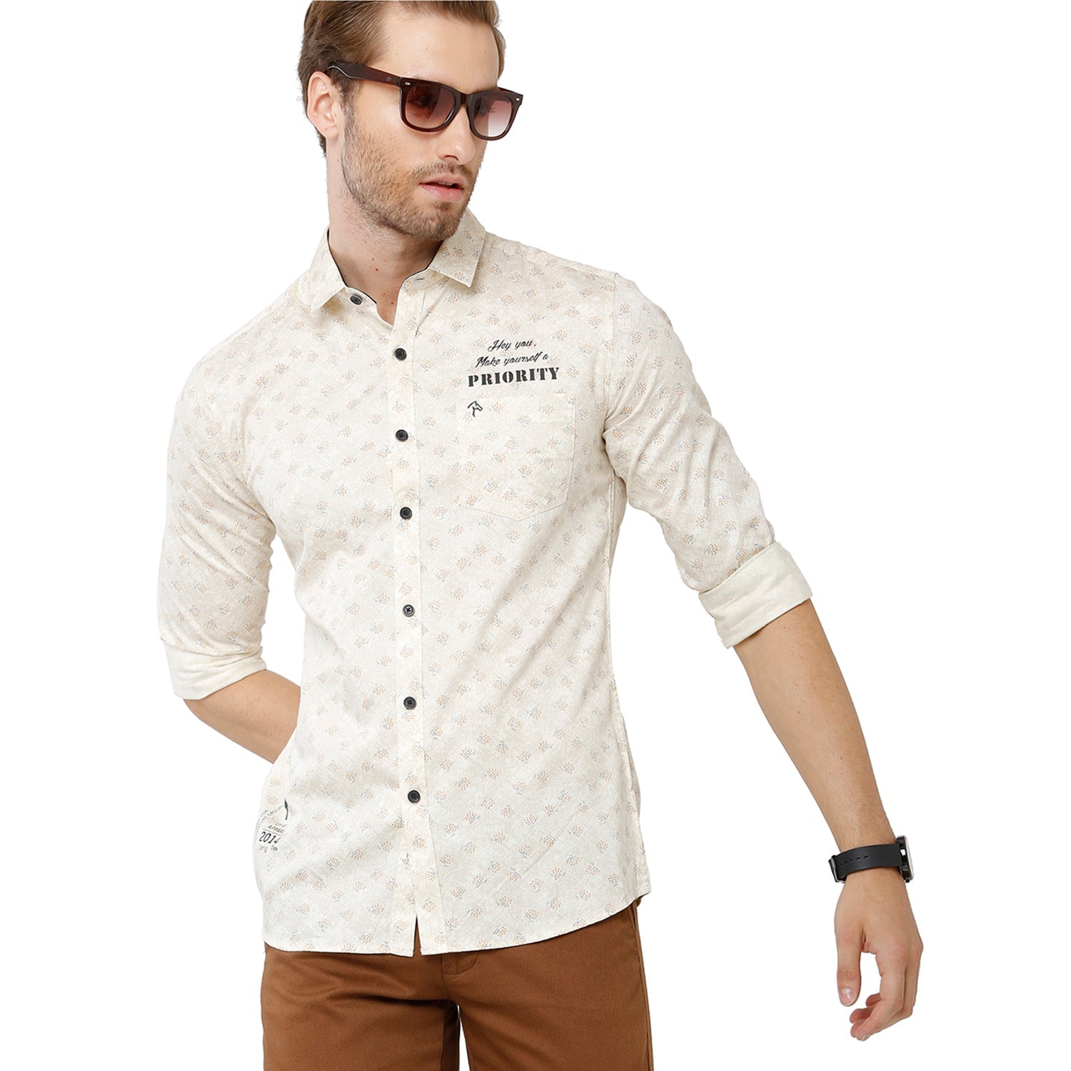 Classic Polo Bro Mens 100% Cotton Printed Full Sleeve Slim Fit Polo Neck White Color Woven Shirt (SBN1-30 A-FS-PRT-BSL) Classic Polo 