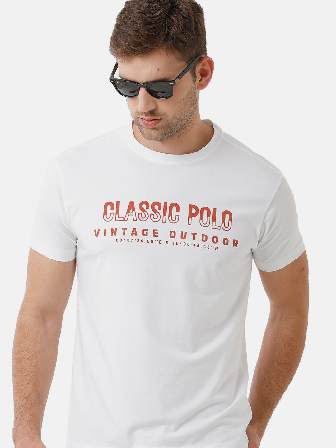 Classic Polo Mens Cotton Printed Half Sleeve Slim Fit Round Neck White Color T-Shirt Baleno 490