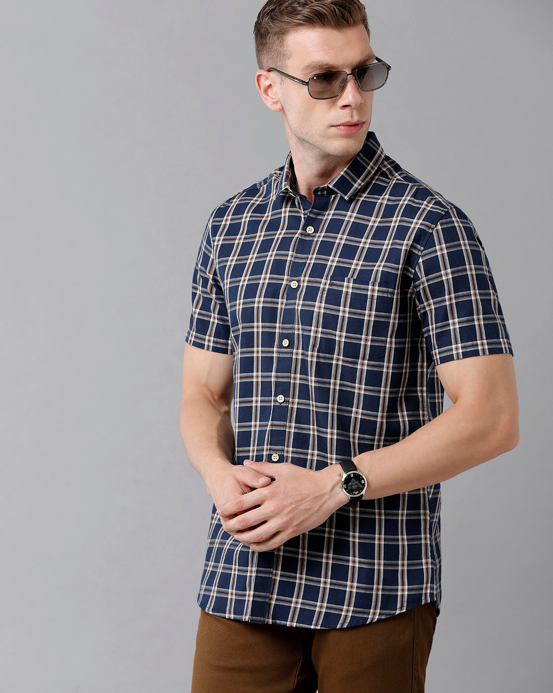 Classic Polo Men's Cotton Checked Half Sleeve Slim Fit Polo Neck Blue Color Woven Shirt | Sn2-116 B