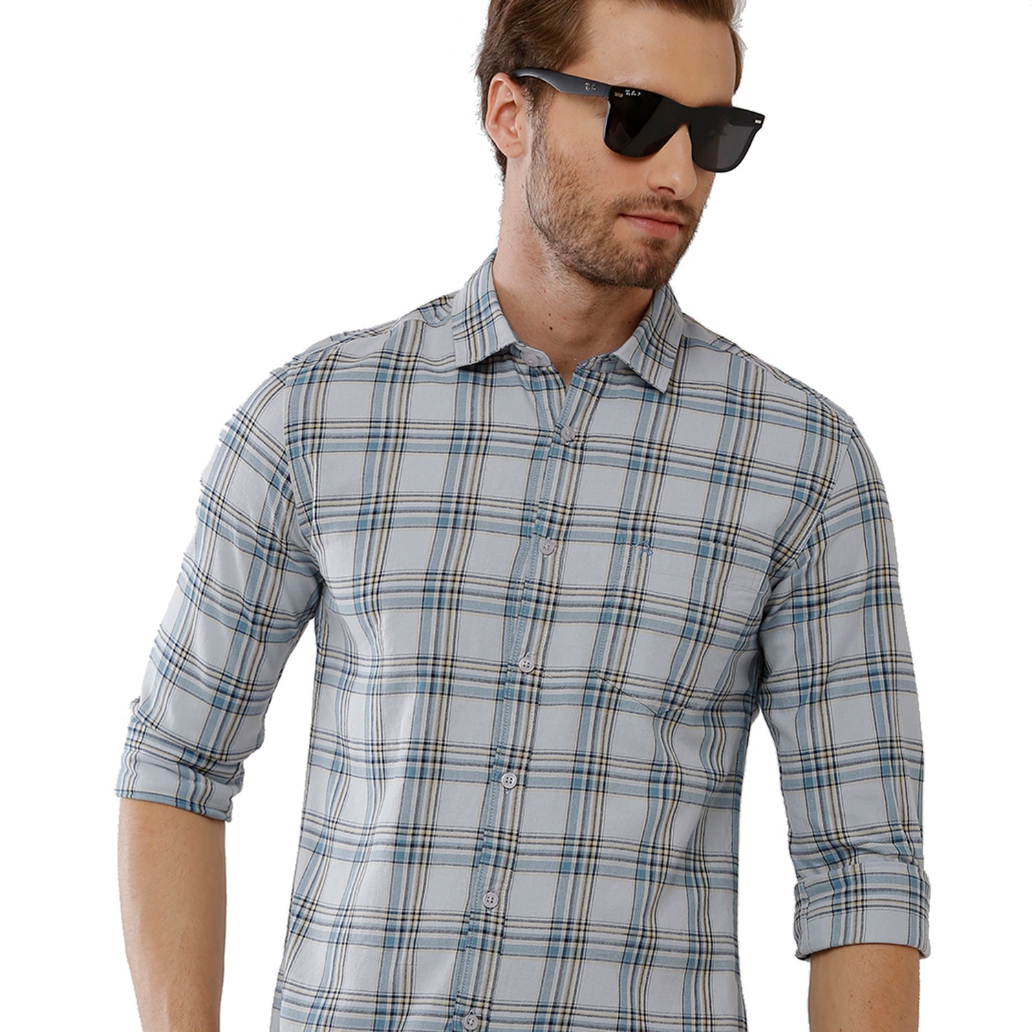 Classic Polo Bro Mens 100% Cotton Checked Full Sleeve Slim Fit Polo Neck Multicolor Woven Shirt (SBN1-55 B-FS-CHK-BSL) Classic Polo 