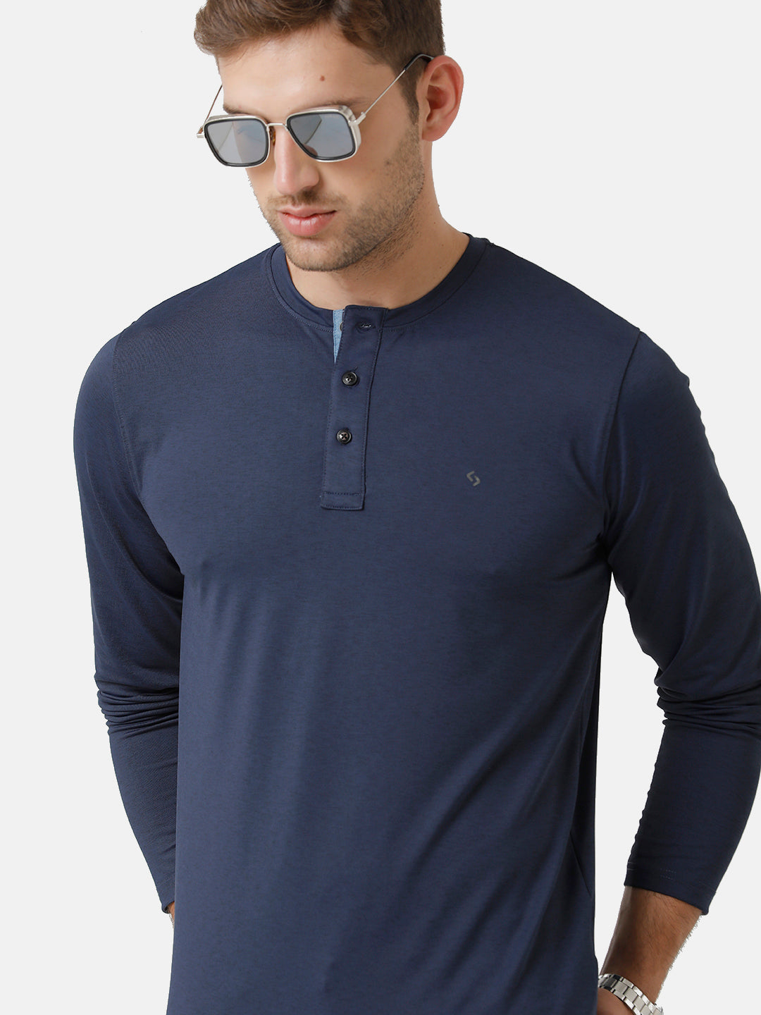 Classic Polo Mens Cotton Solid Full Sleeve Slim Fit Y Neck Navy Blue Color T-Shirt | Verno 306 C