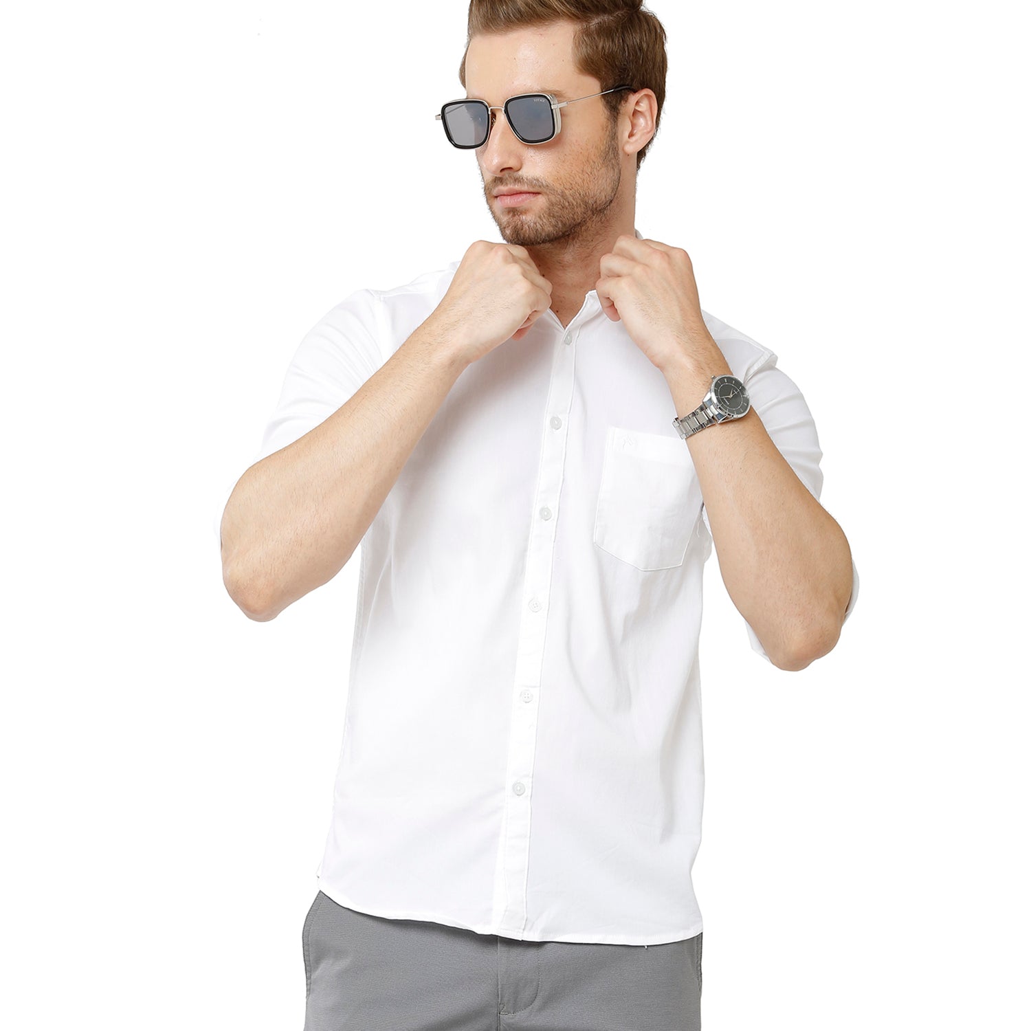 Classic Polo Bro Mens 100% Cotton Solid Full Sleeve Slim Fit Polo Neck White Color Woven Shirt (SBN1-70 B-FS-SLD-BSL) Classic Polo 