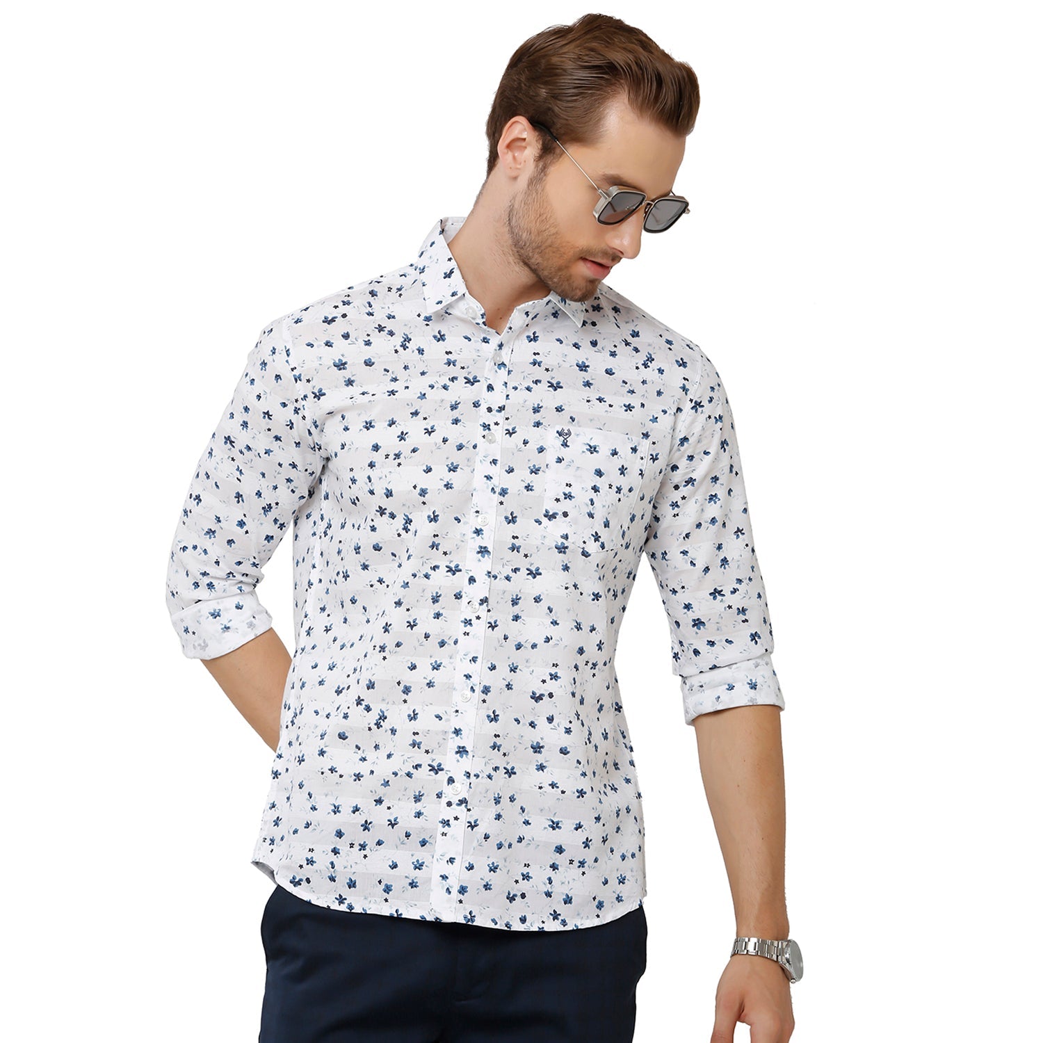 Classic Polo Mens 100% Cotton Full Sleeve Printed Slim Fit White Color Woven Shirt -SN1-86 B Shirts Classic Polo 