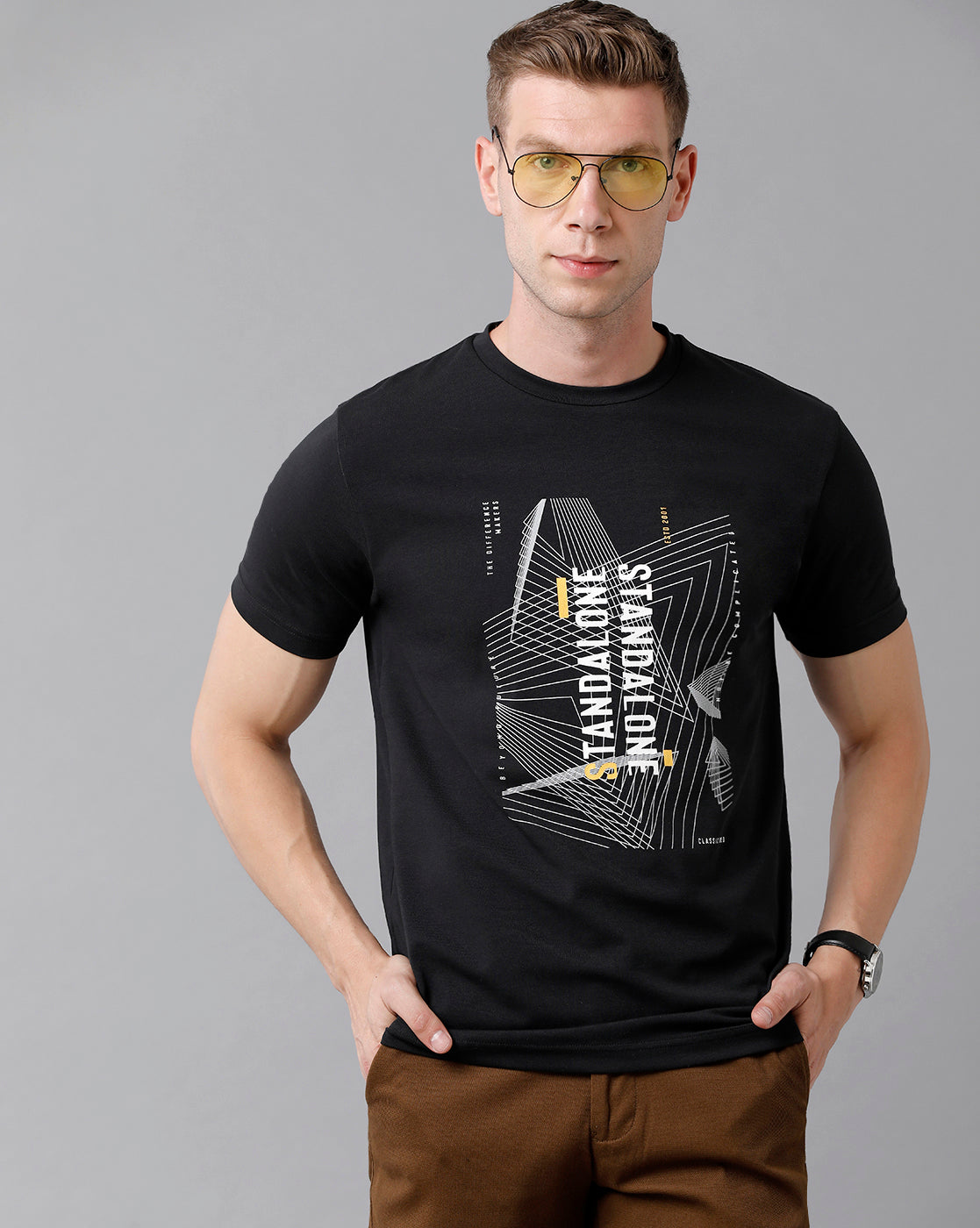 Classic Polo Men's Cotton Printed Half Sleeve Slim Fit Round Neck Black Color T-Shirt | Baleno - 487