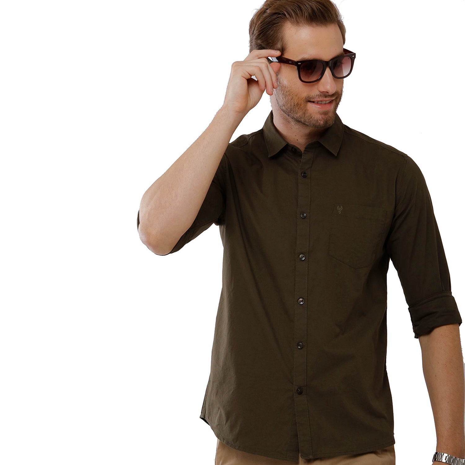 Classic Polo Mens 100% Cotton Full Sleeve Solid Slim Fit Green Color Woven Shirt -SN1 115 F Shirts Classic Polo 