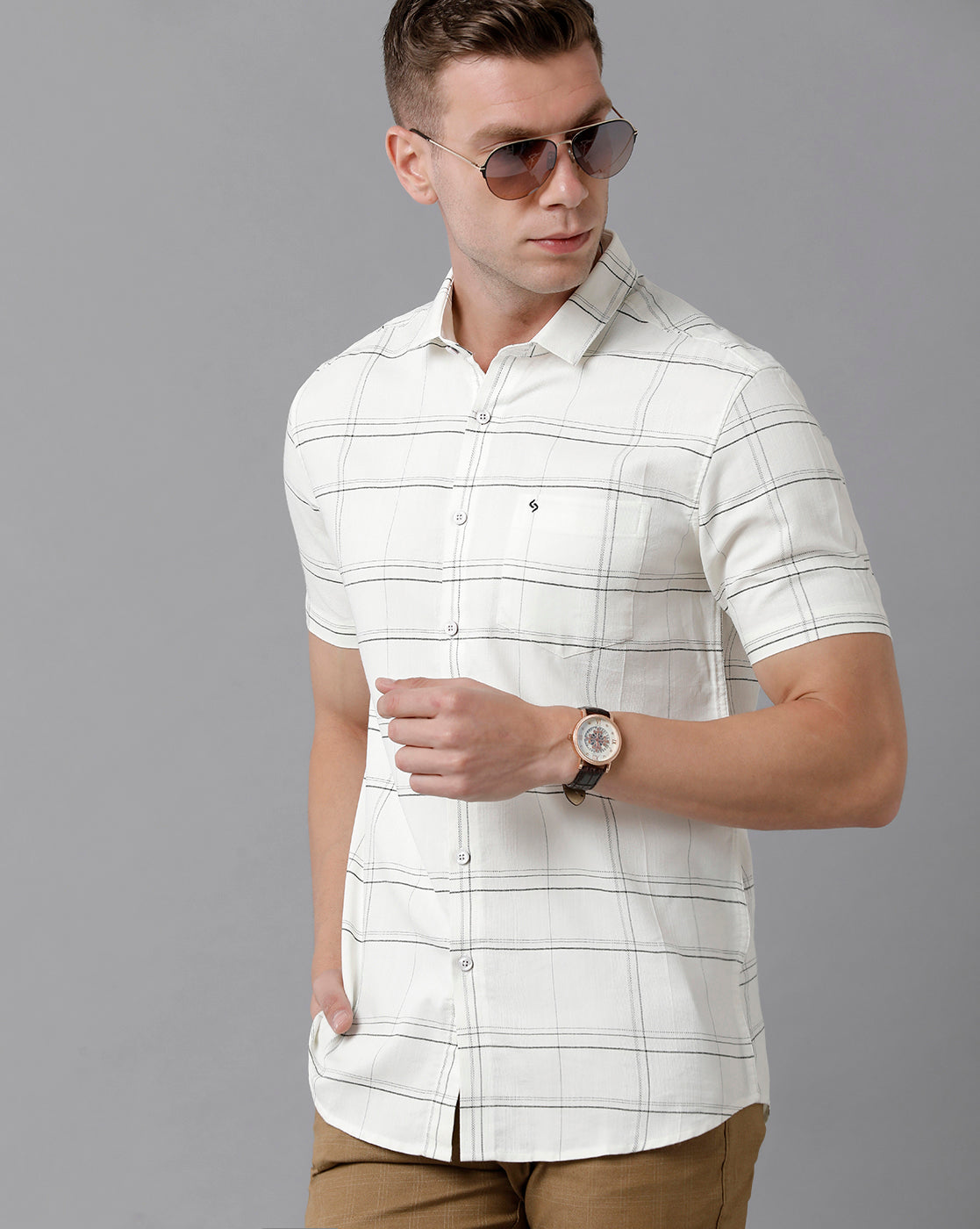Classic Polo Men's Cotton Checked Half Sleeve Slim Fit Polo Neck White Color Woven Shirt | Sn2-118 A