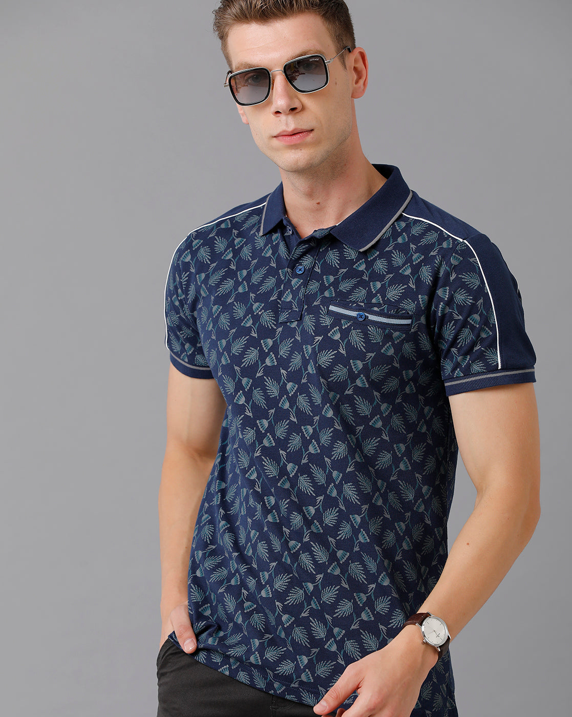 CP BRO Men's Cotton Printed Half Sleeve Slim Fit Polo Neck Navy Color T-Shirt | HS-BRP - 02 A