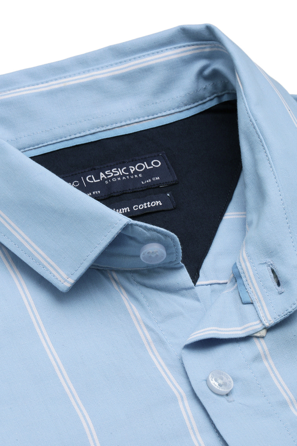 Classic Polo Men's Cotton Full Sleeve Striped Slim Fit Polo Neck Light Blue Color Woven Shirt | So1-39 B