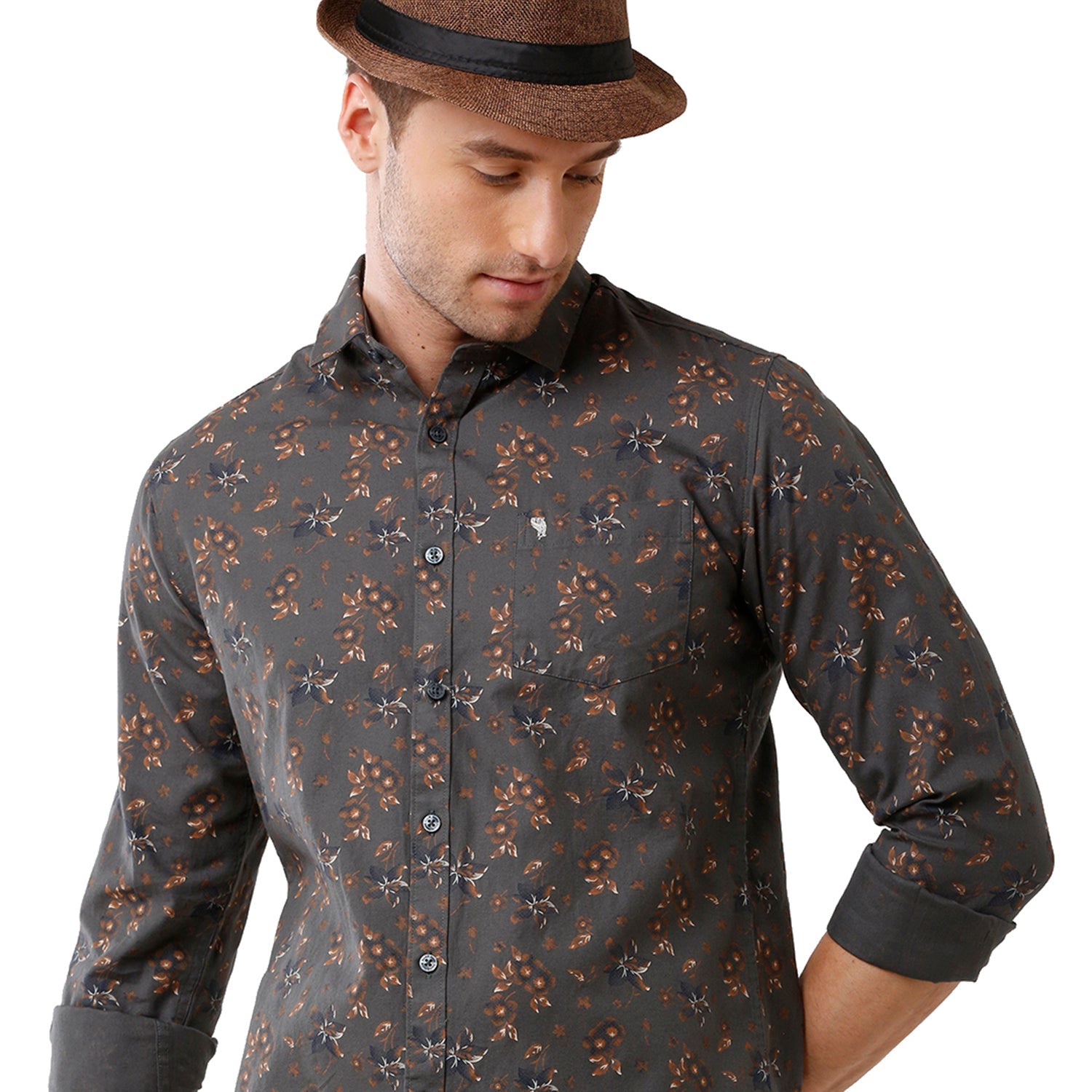Swiss Club Mens Printed Full Sleeve Slim Fit Grey Color Woven Shirt - SC 100 C Shirts Swiss Club 