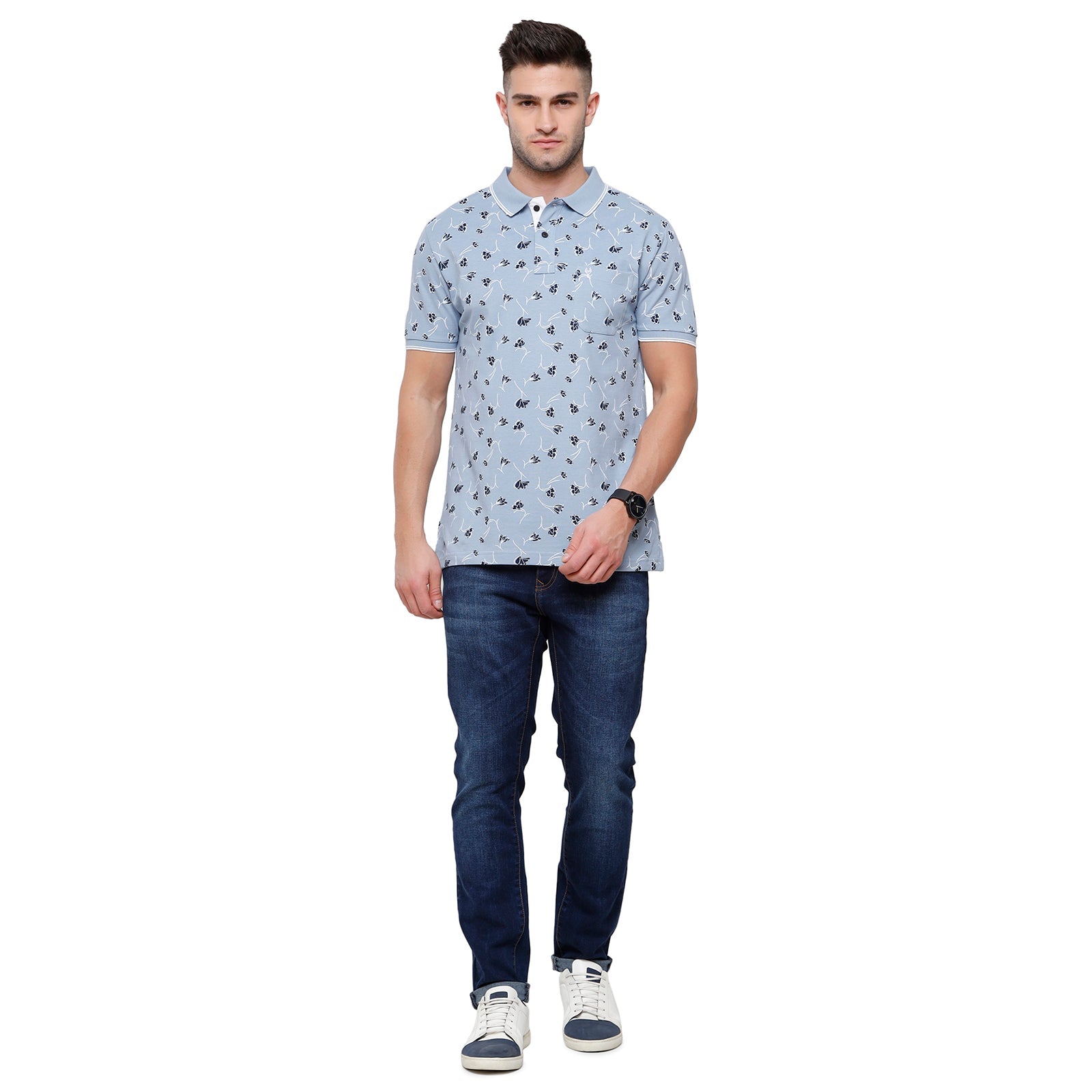 Classic Polo Mens Printed Slim Fit Polo Neck Blue Colour T-Shirt - Beau 163B T-shirt Classic Polo 