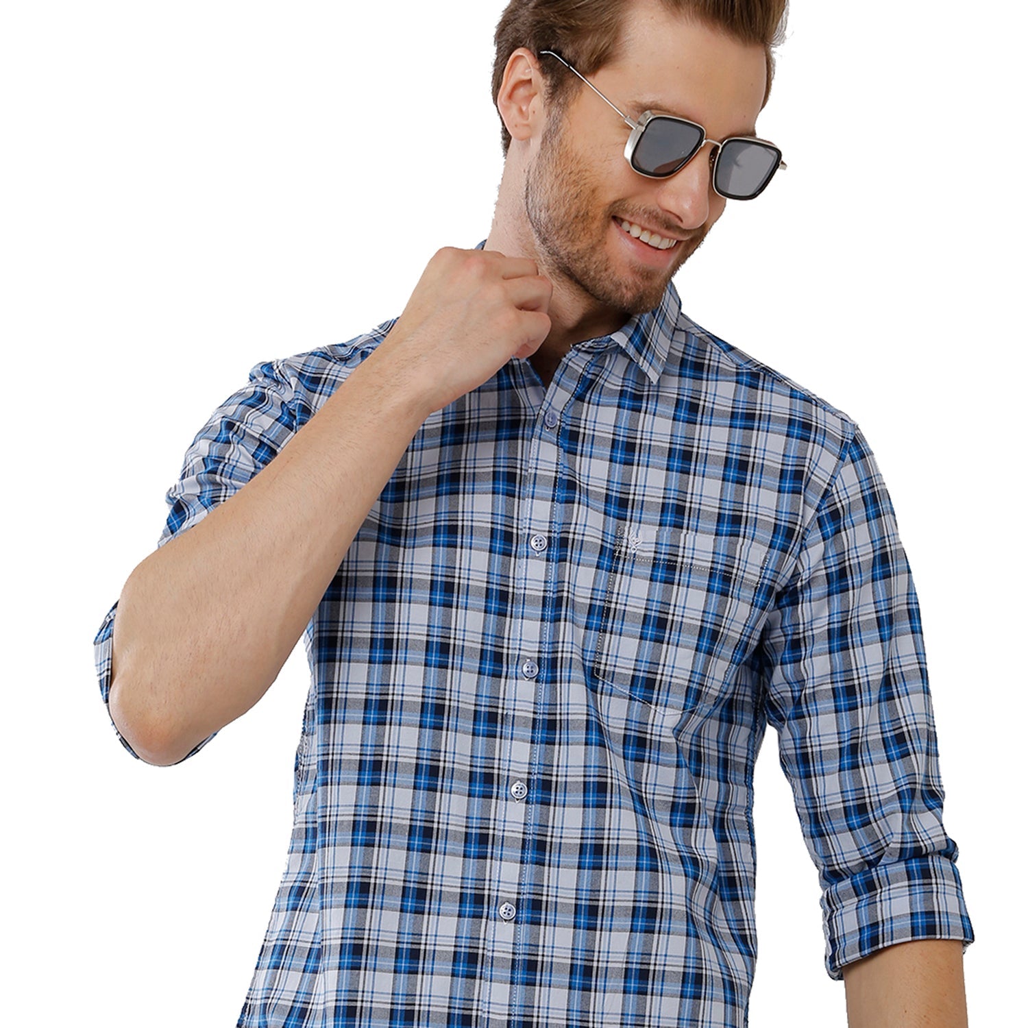 Classic Polo Mens 100% Cotton Full Sleeve Checked Slim Fit Blue Woven Shirt -SN1 116 A Shirts Classic Polo 