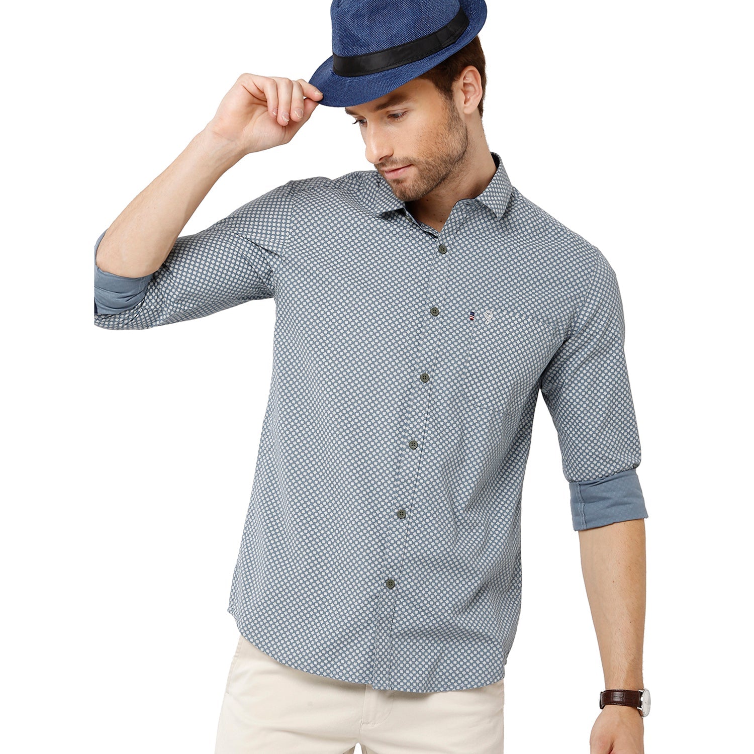 Classic Polo Mens 100% Cotton Full Sleeve Printed Slim Fit Grey Color Woven Shirt -SN1-56 A Classic Polo 