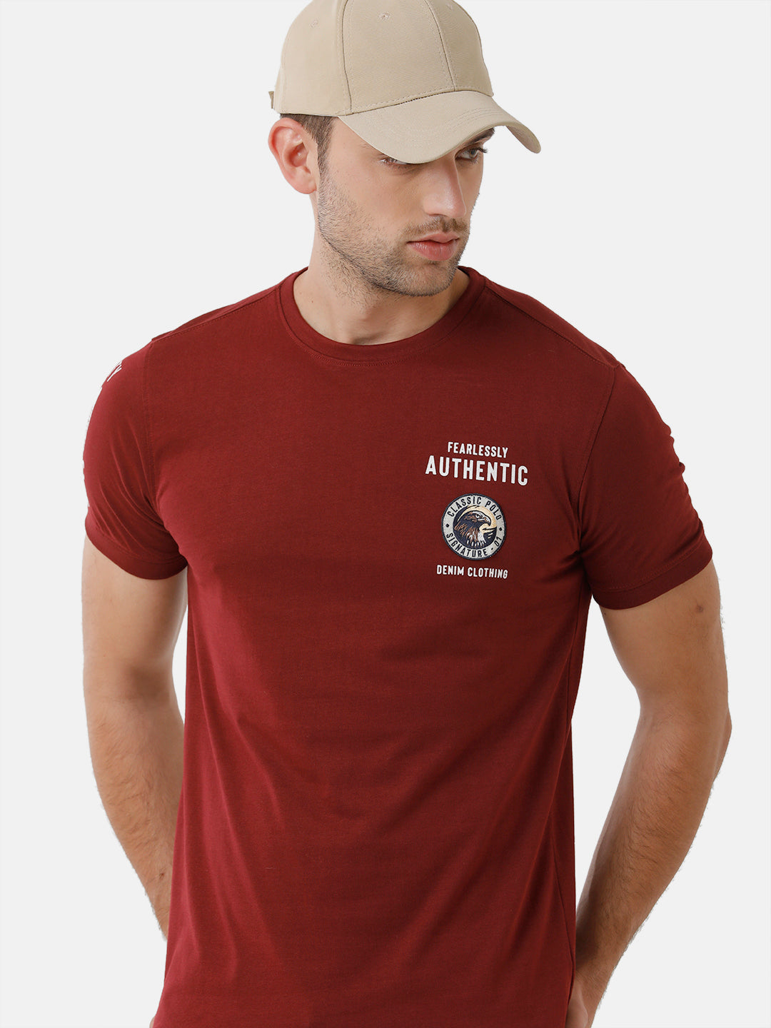 Classic Polo Mens Cotton Printed Half Sleeve Slim Fit Round Neck Red Color T-Shirt | Baleno 407 B