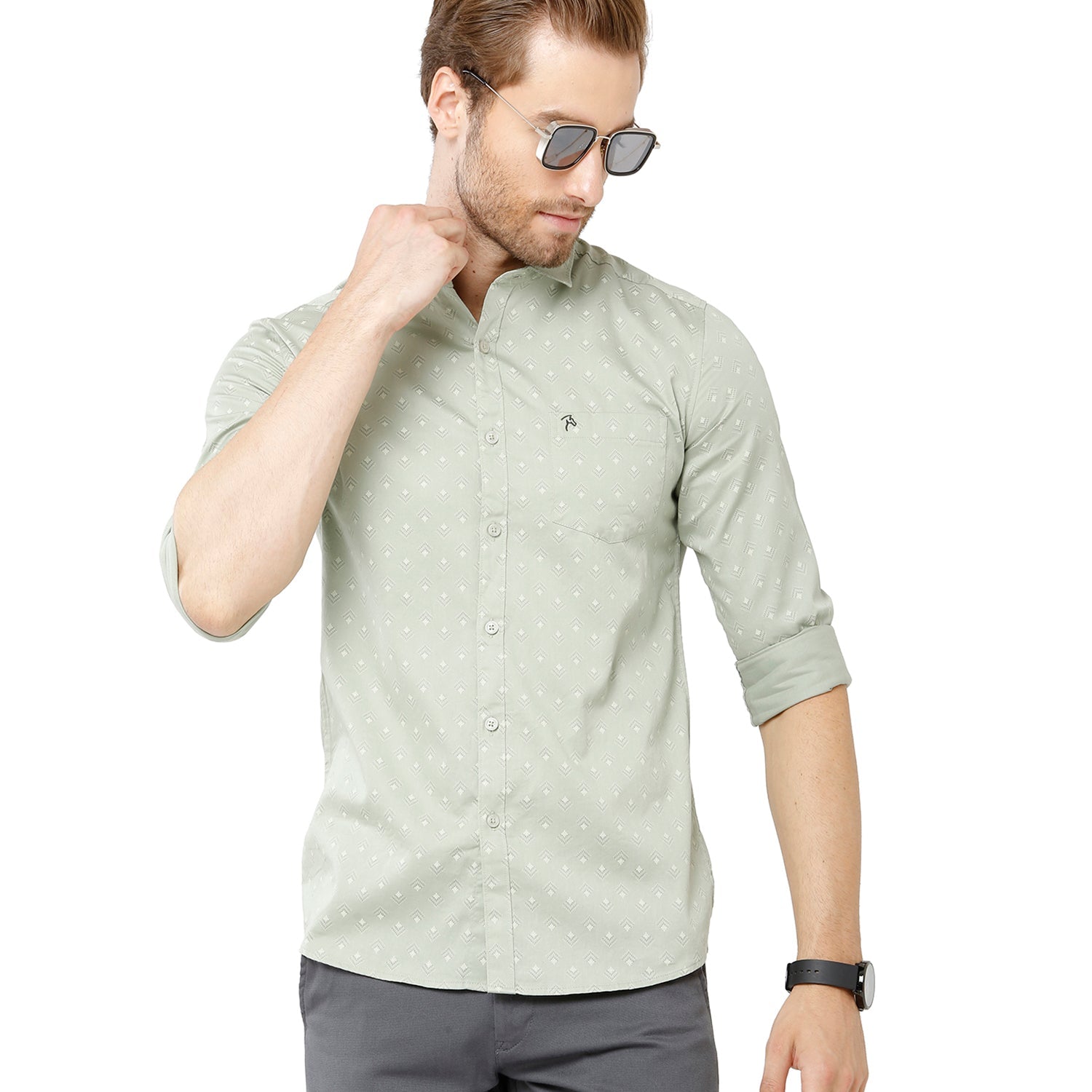 Classic Polo Bro Mens 100% Cotton Printed Full Sleeve Slim Fit Polo Neck Grey Color Woven Shirt (SBN1-34 B-FS-PRT-BSL) Classic Polo 