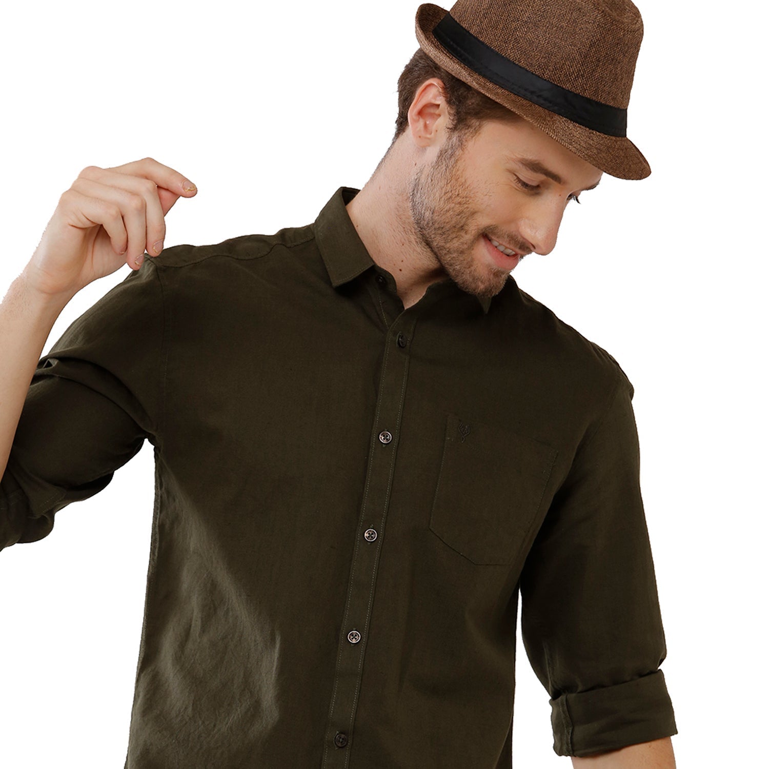 Classic Polo Mens 100% Cotton Solid Milano Fit Olive Green Color Woven Shirt - Mica Olive Shirts Classic Polo 