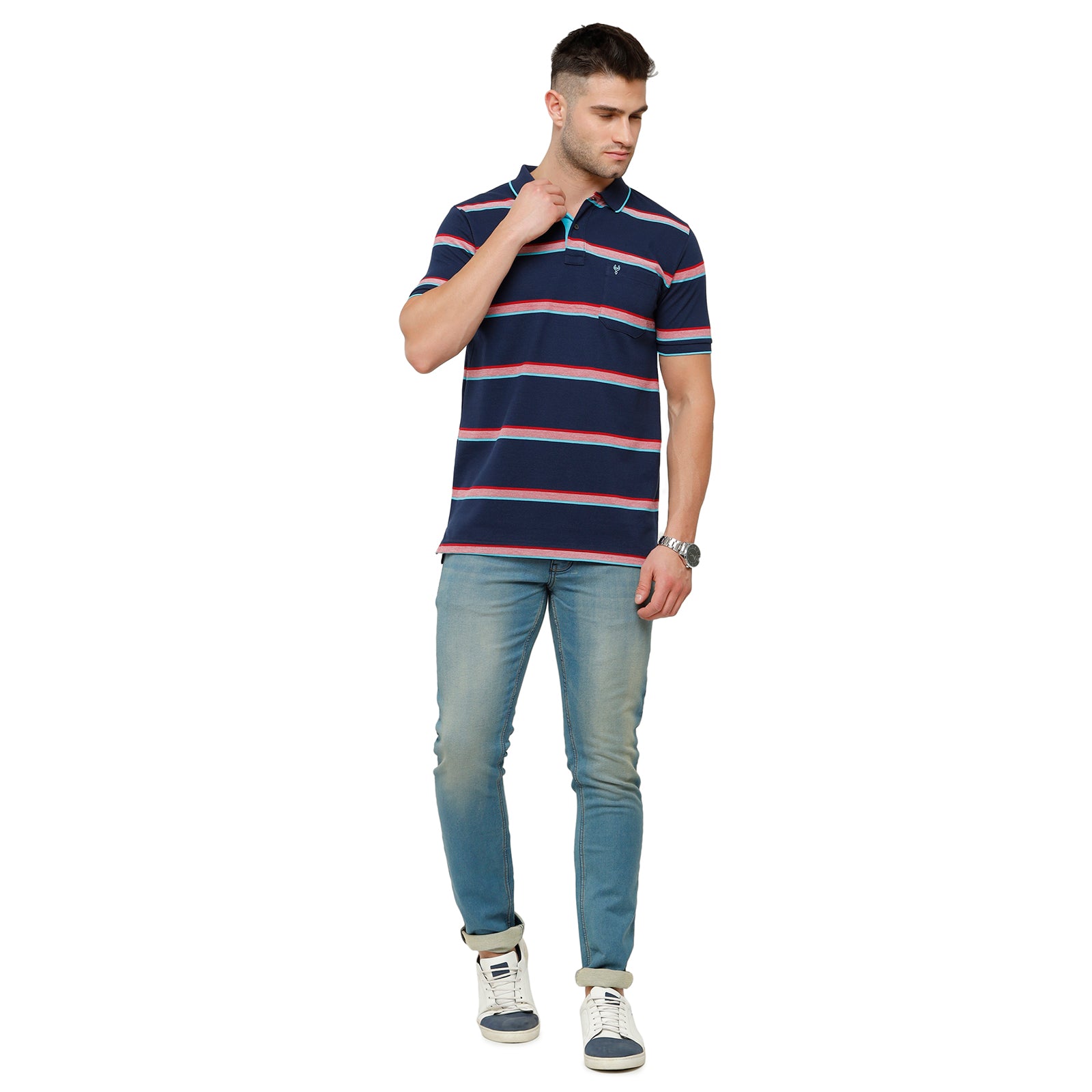 Classic Polo Mens Cotton Striped Slim Fit Polo Neck Navy Colour T-Shirt - Adore 161 B T-shirt Classic Polo 