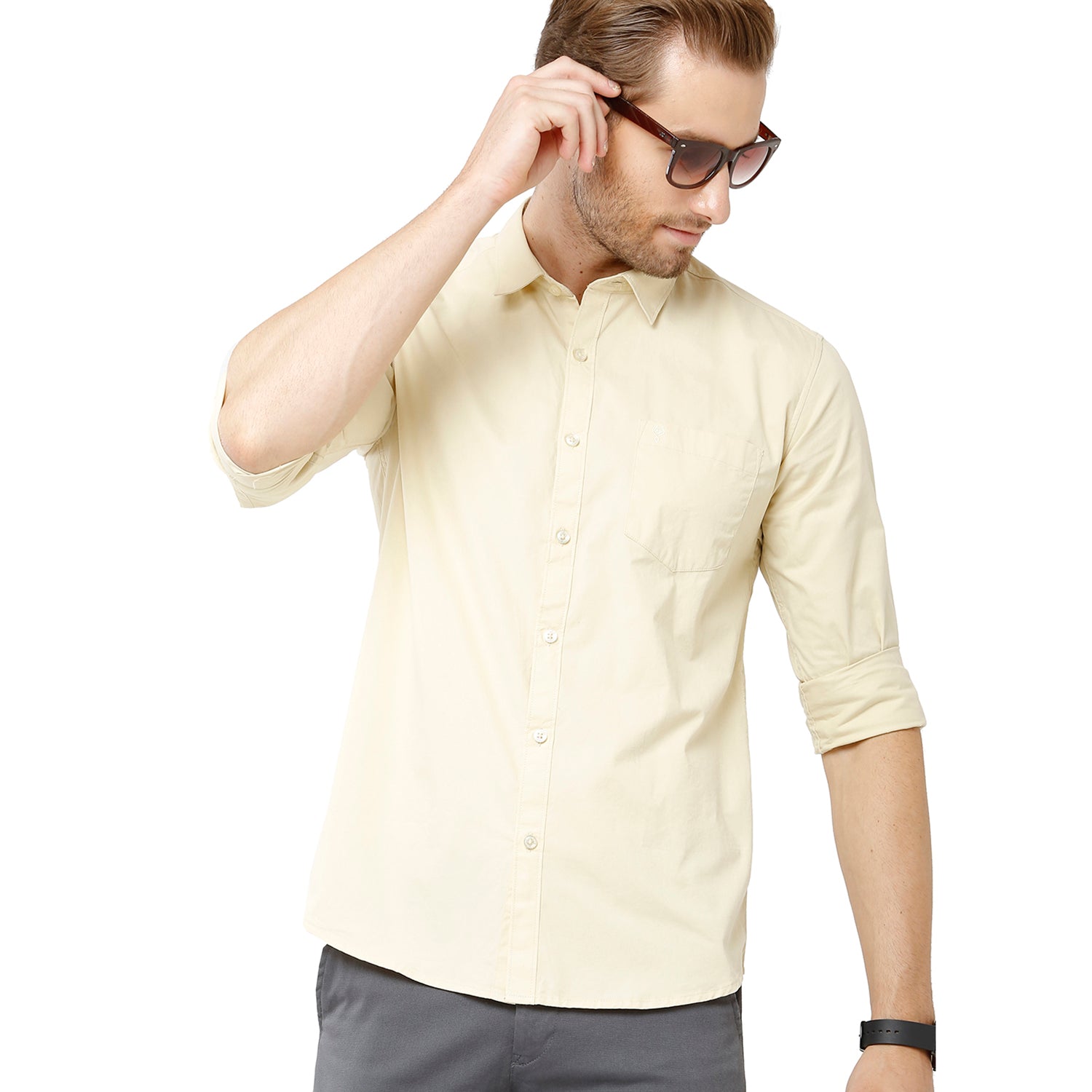Classic Polo Mens 100% Cotton Full Sleeve Solid Slim Fit Cream Yellow Color Woven Shirt -SN1 115 B Classic Polo 