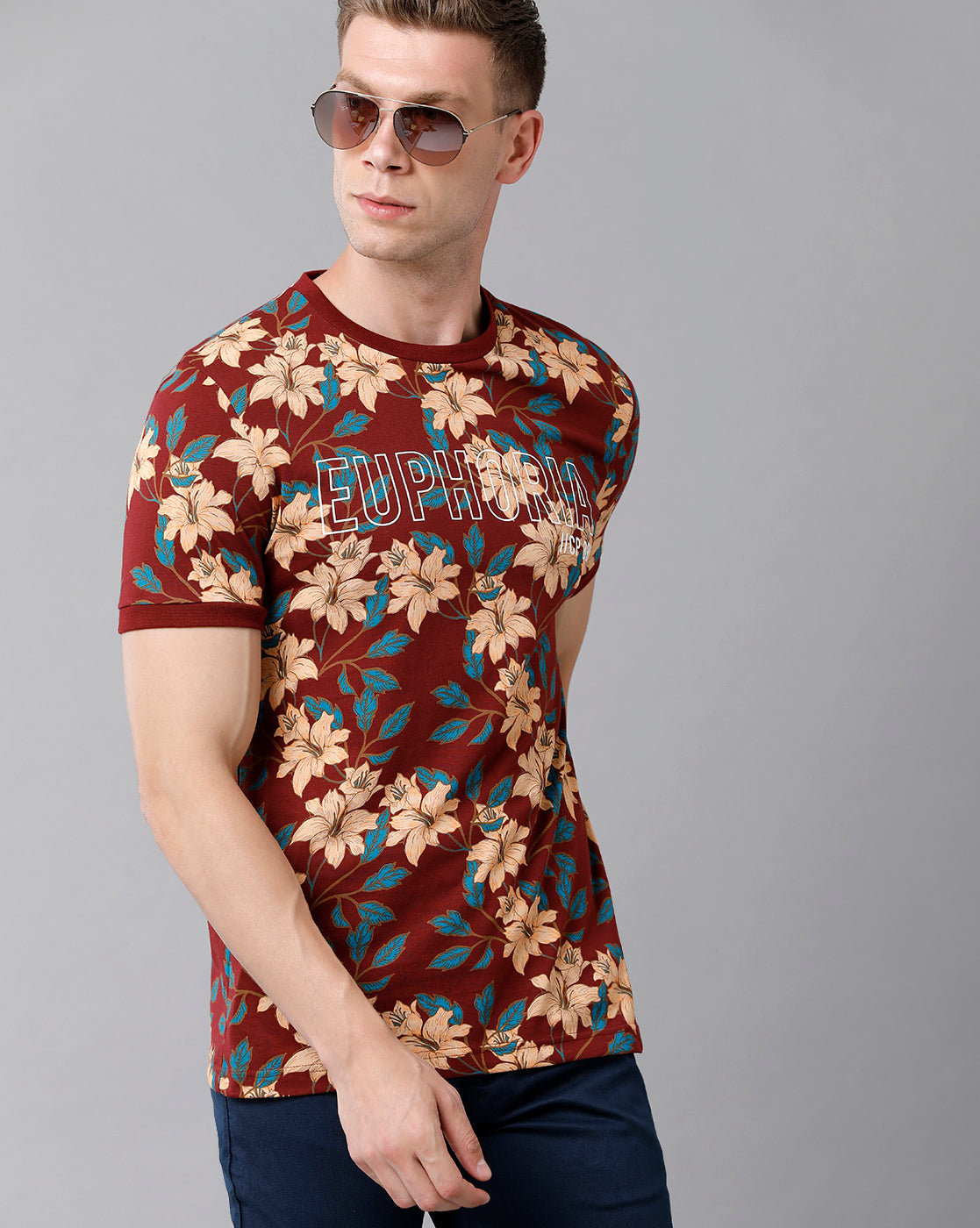 CP BRO Men's Cotton Floral Print Half Sleeve Slim Fit Round Neck Multicolor T-Shirt | Brcn - 492 B