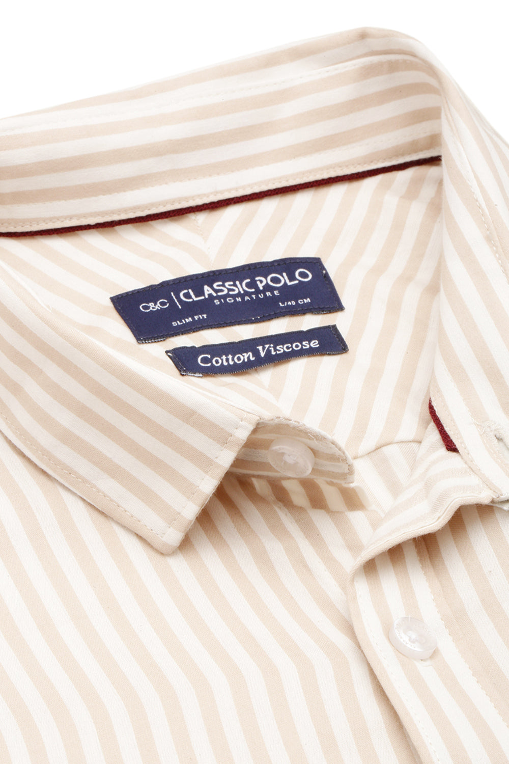 Classic Polo Men's Cotton Full Sleeve Striped Slim Fit Polo Neck Cream Color Woven Shirt | So1-104 A