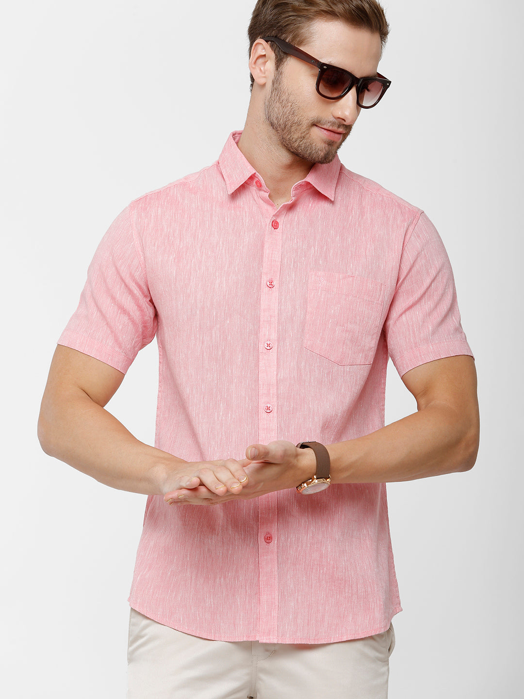 Classic Polo Mens Pink Linen Cotton Solid Full Sleeve Woven Shirt -Porsh Pink HS