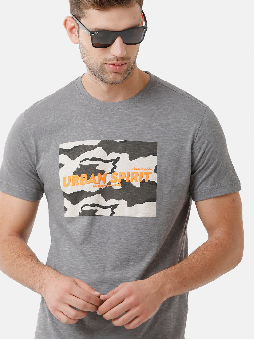 Classic Polo Mens Cotton Printed Half Sleeve Slim Fit Round Neck Grey Color T-Shirt | Baleno 406 B