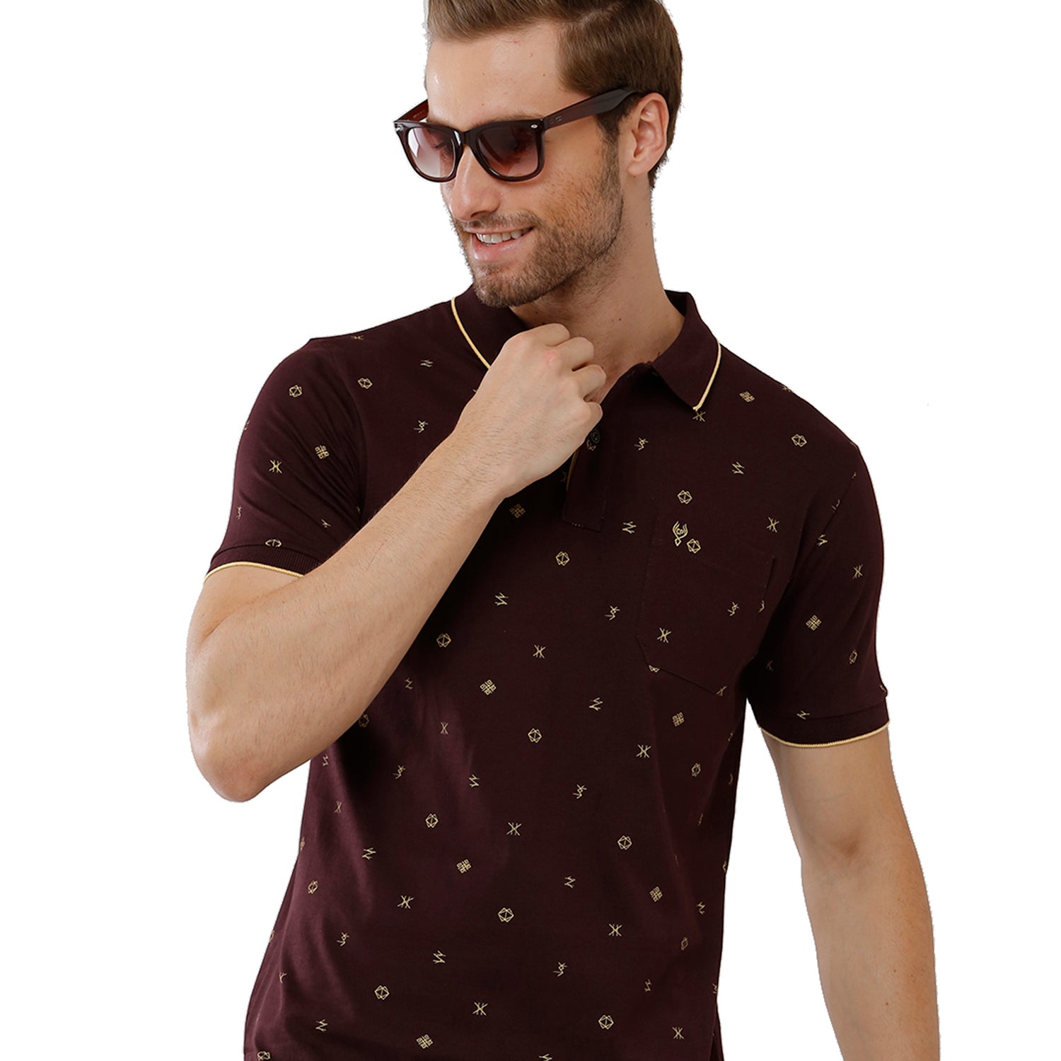 Classic Polo Mens 100% Cotton Printed Slim Fit Maroon Color Polo Neck T-Shirt -BELLO 169 B T-shirt Classic Polo 