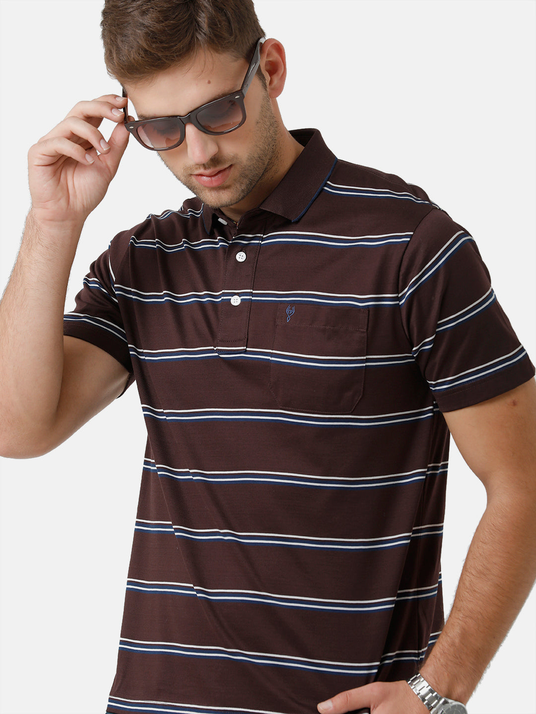 Classic Polo Mens Cotton Half Sleeve Striped Authentic Fit Polo Neck Brown Color T-Shirt | Ultimo 277 A