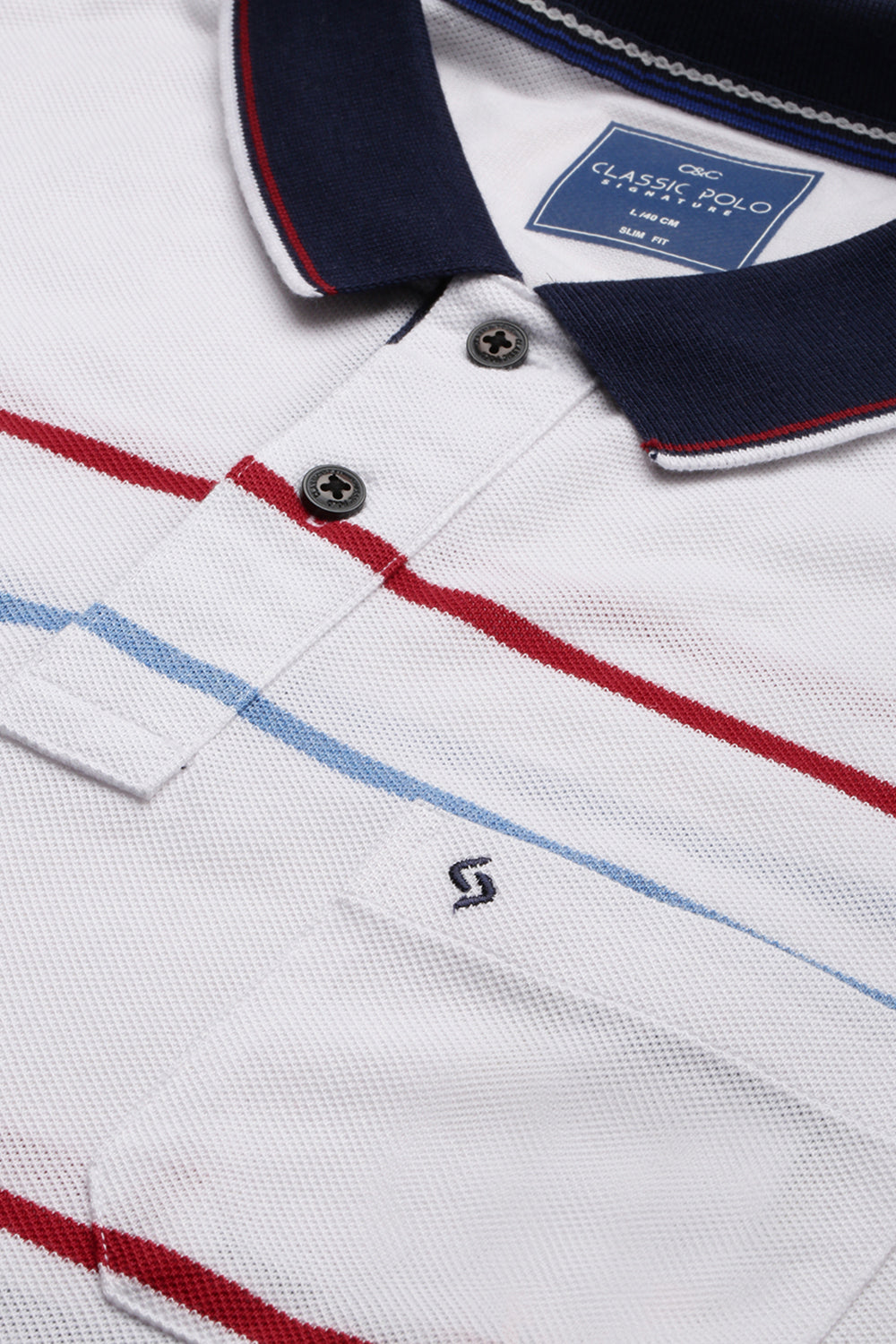 Classic Polo Men's Cotton Blend Half Sleeve Striped Slim Fit Polo Neck White Color T-Shirt | Adore - 193 B