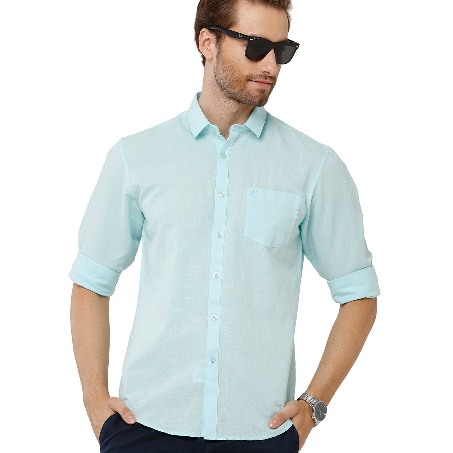 Classic Polo Mens 100% Cotton Solid Milono Fit Light Green Color Woven Shirt - Mica-L.Green FS Shirts Classic Polo 
