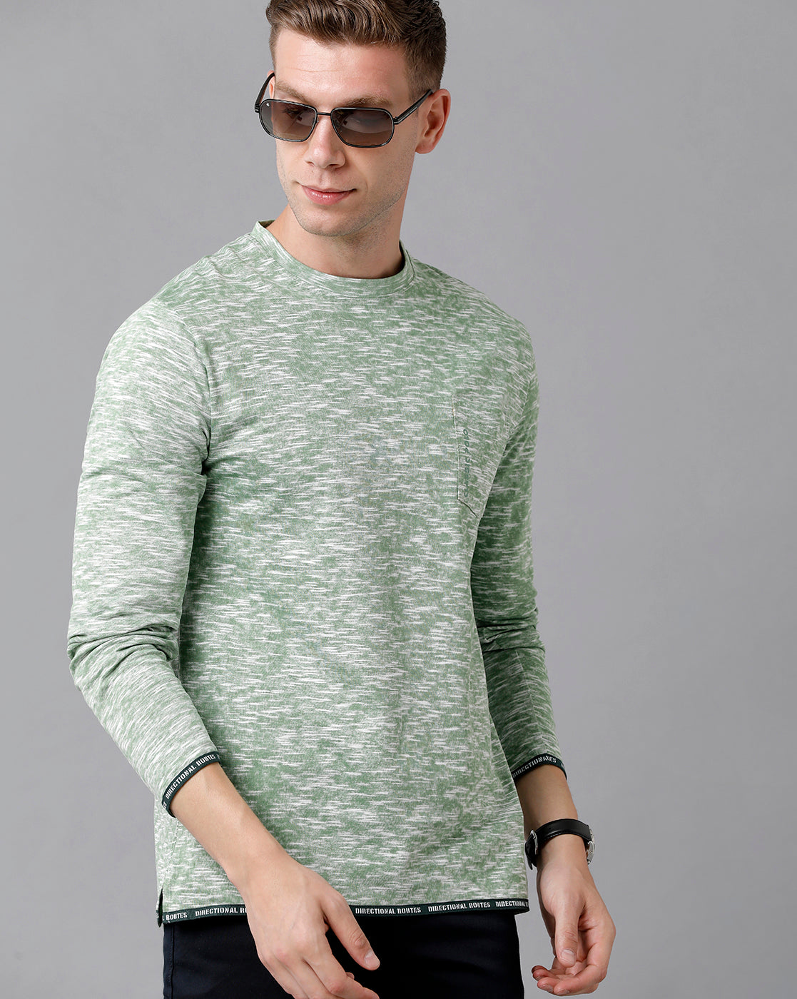 Classic Polo Men's Cotton Self Design Full Sleeve Slim Fit Round Neck Green Color T-Shirt | Baleno Fs - 481 A