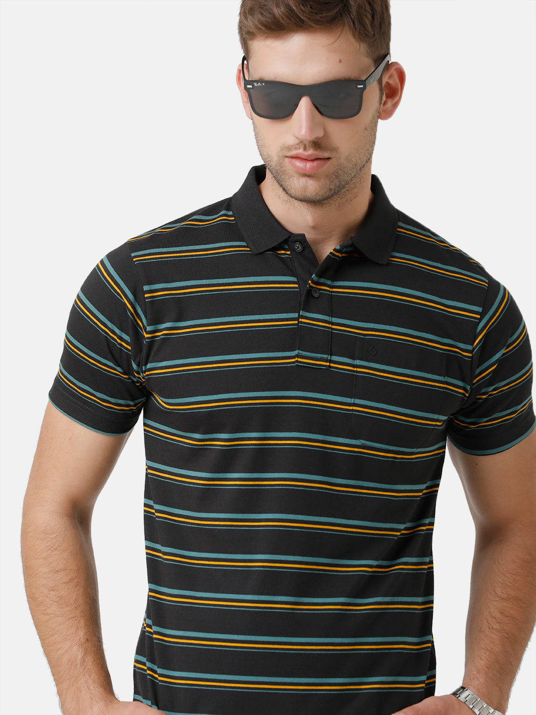 Classic Polo Mens Cotton Blend Half Sleeve Striped Authentic Fit Polo Neck Black Color T-Shirt | Avon 495 B