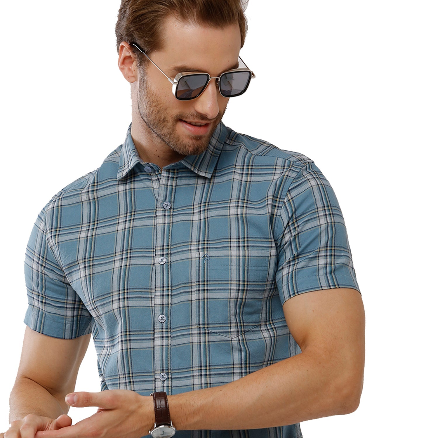 Classic Polo Bro Mens 100% Cotton Checked Half Sleeve Slim Fit Polo Neck Multicolor Woven Shirt (SBN1-55 A-HS-CHK-BSL) Classic Polo 