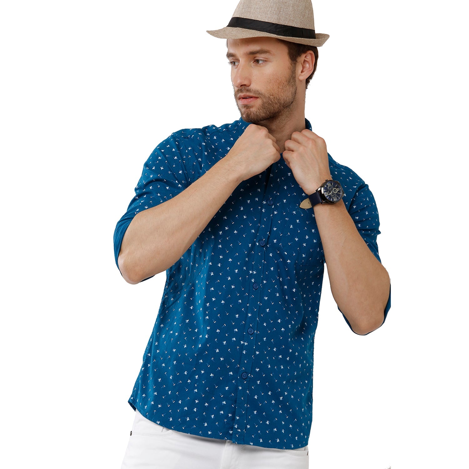 Classic Polo Bro Mens 100% Cotton Printed Full Sleeve Slim Fit Polo Neck Navy Color Woven Shirt (SBN1-72 B-FS-PRT-BSL) Classic Polo 