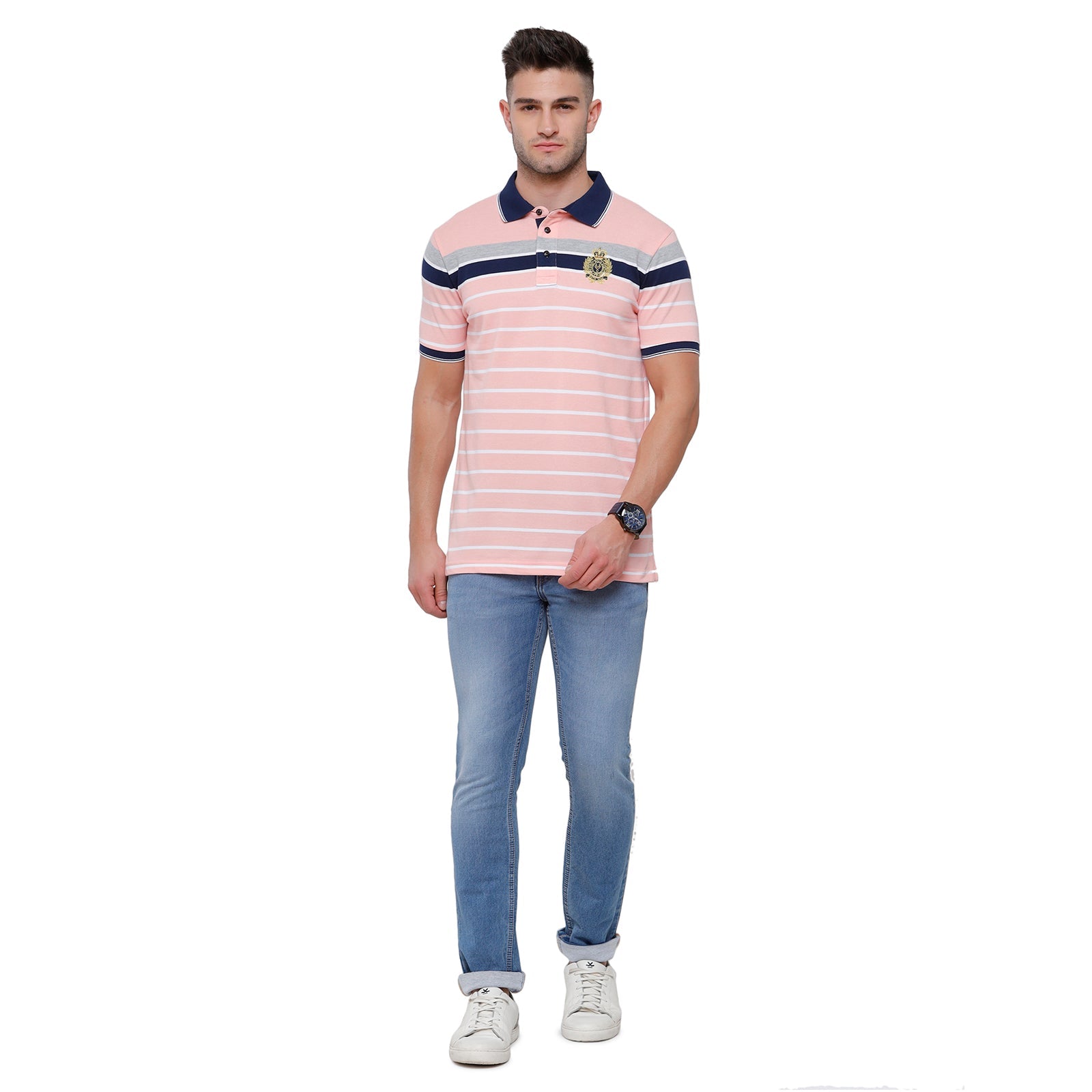 Classic Polo Mens Pink Stripped Slim Fit Polo Neck T-Shirt - VTA 190B T-shirt Classic Polo 