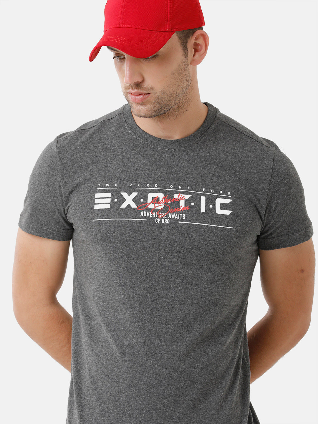CP BRO Men's Cotton Printed Half Sleeve Slim Fit Round Neck Dark Grey Color T-Shirt | Brcn 500