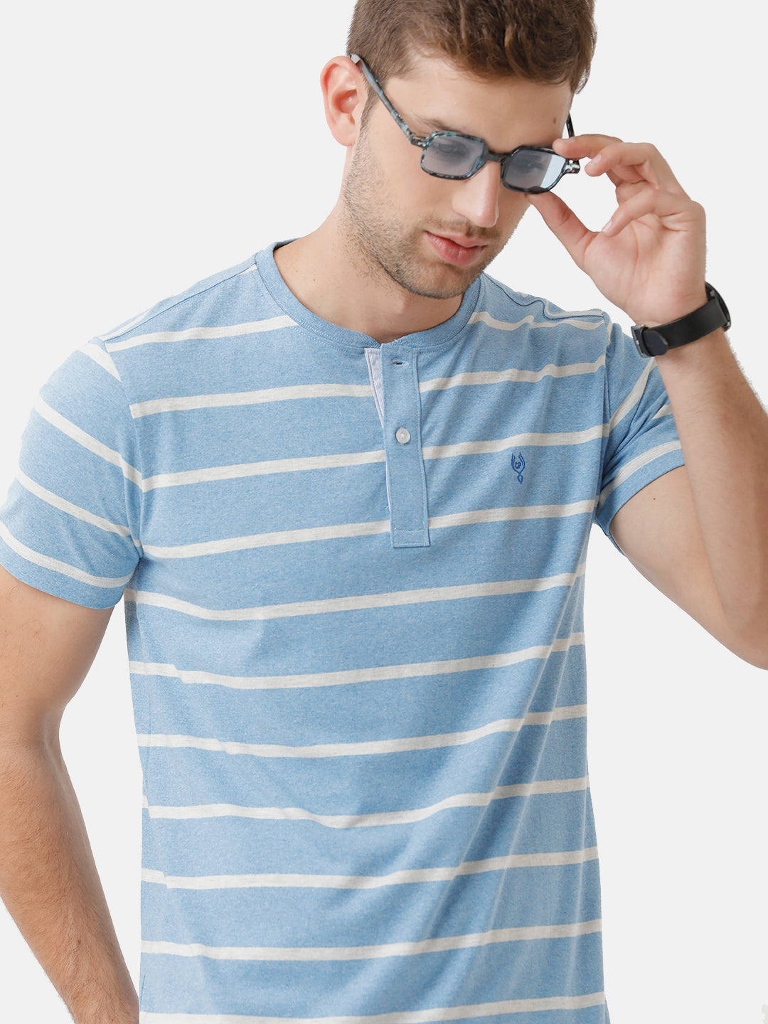 Classic Polo Mens Cotton Striped Half Sleeve Slim Fit Round Neck Sky Blue Color T-Shirt | Baleno 405 B