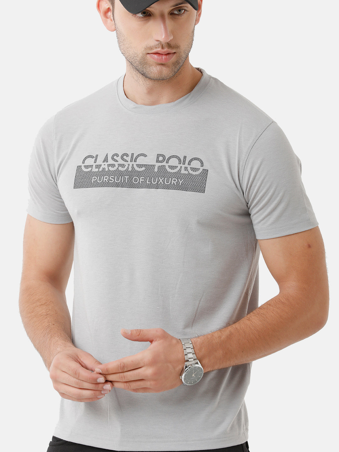 Classic Polo Mens Cotton Printed Half Sleeve Slim Fit Round Neck Grey Color T-Shirt | Baleno 479
