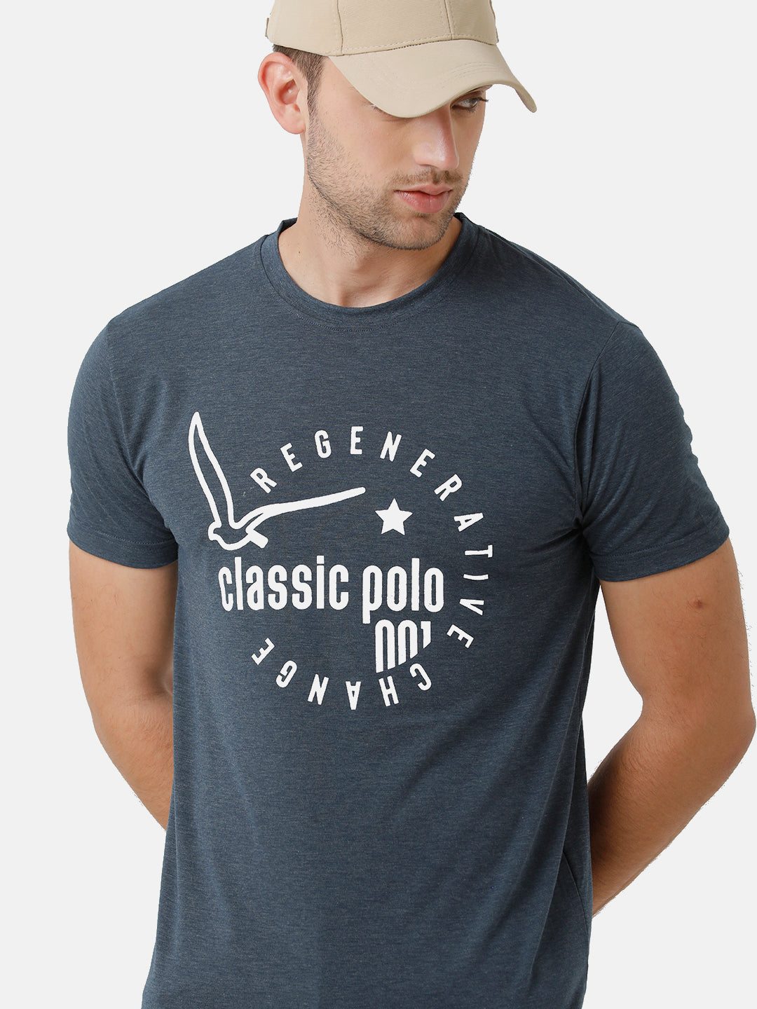 Classic Polo Mens Cotton Printed Half Sleeve Slim Fit Round Neck Navy Color T-Shirt | Baleno 482