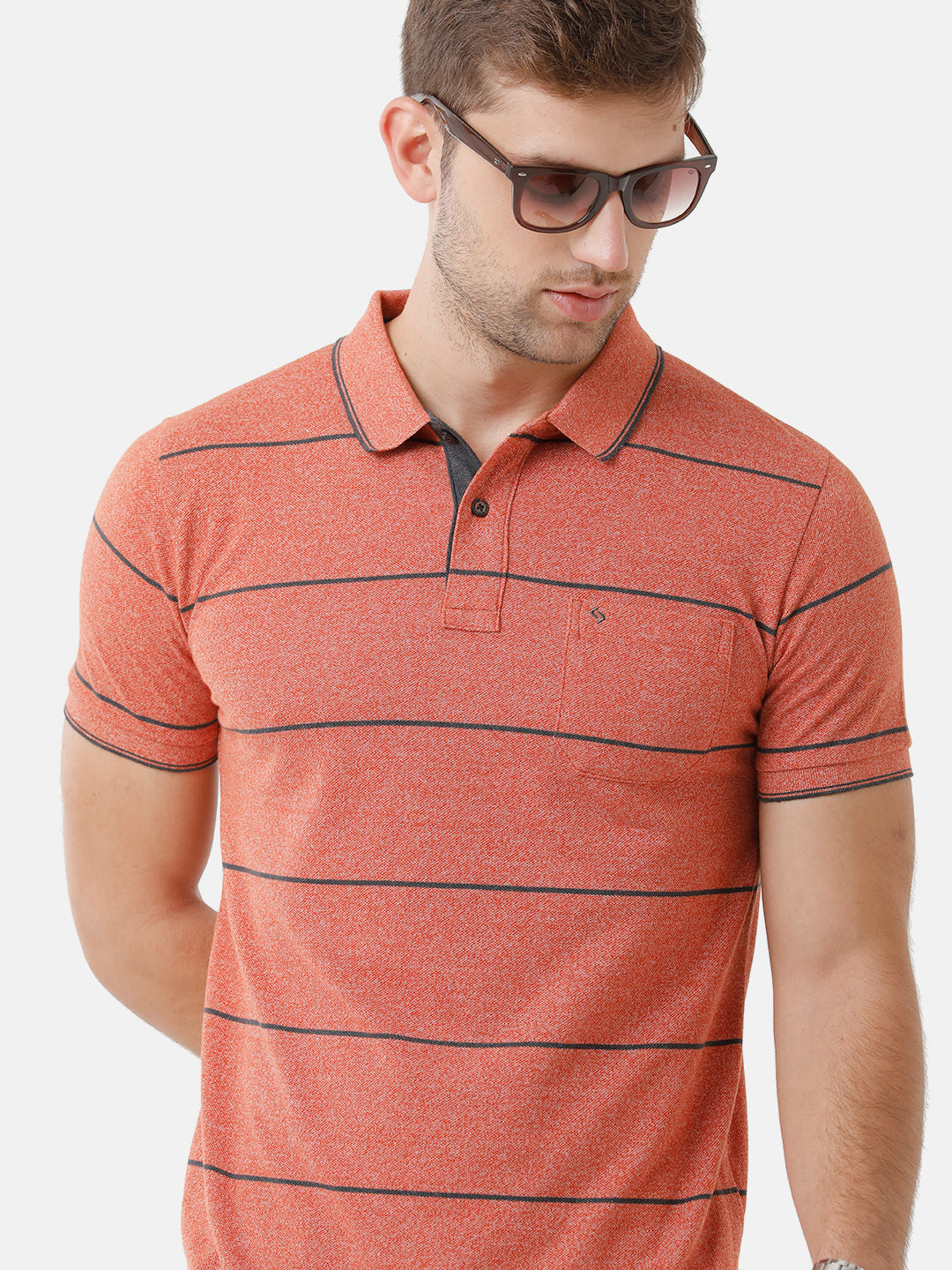 Classic Polo Mens Cotton Blend Striped Half Sleeve Slim Fit Polo Neck Peach Color T-Shirt | Adore 173 B