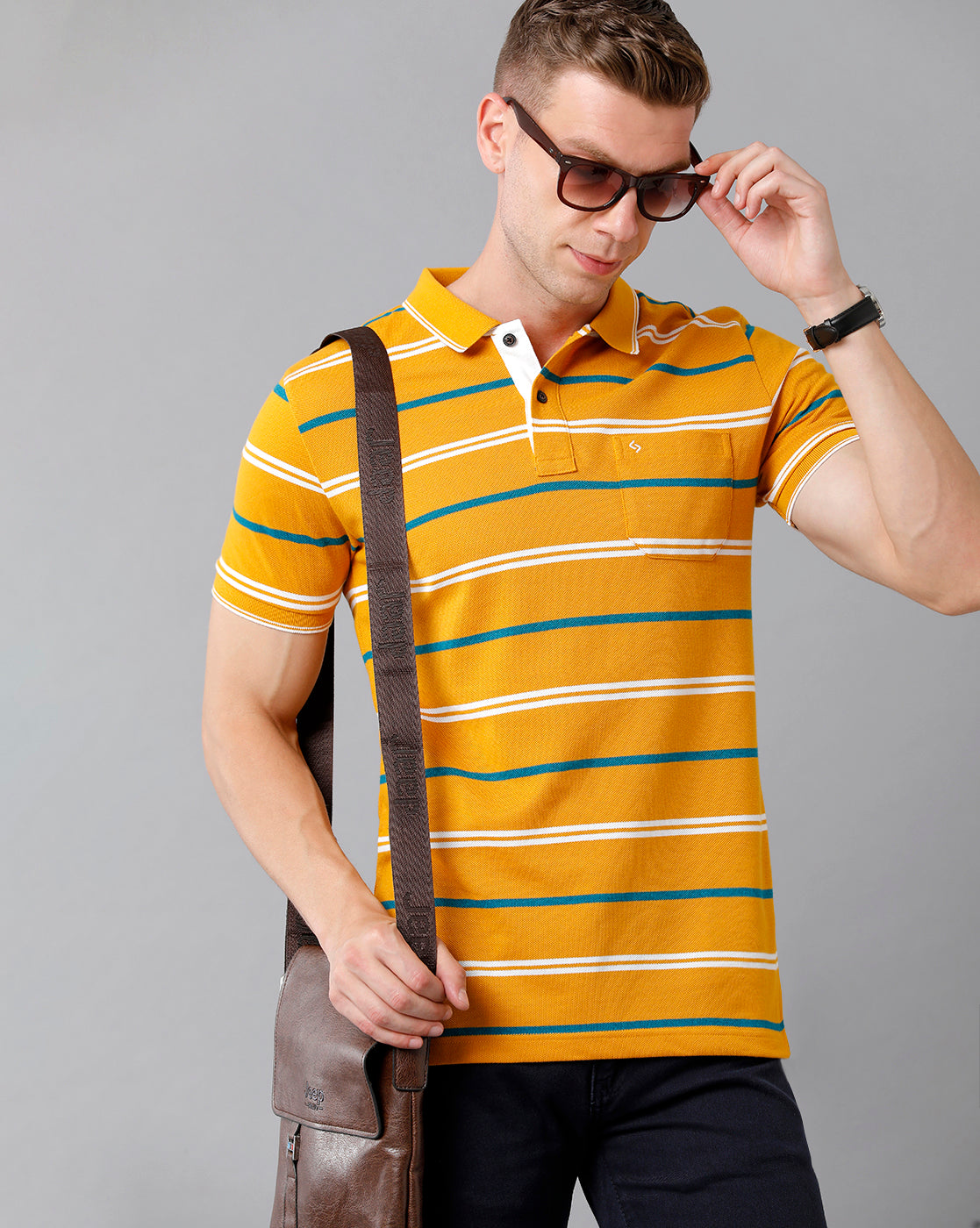 Classic Polo Men's Cotton Blend Striped Half Sleeve Slim Fit Polo Neck Yellow Color T-Shirt | Adore - 177 A