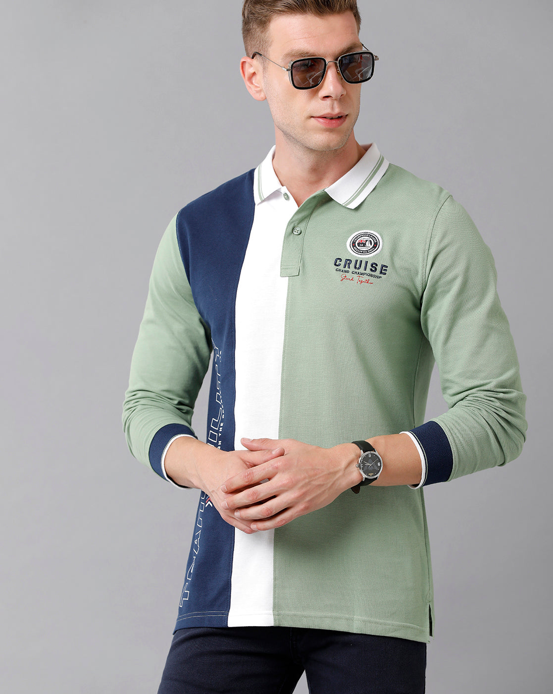 CP BRO Men's Cotton Color Block Full Sleeve Slim Fit Polo Neck Green Color T-Shirt | Brp Fs - 331 A