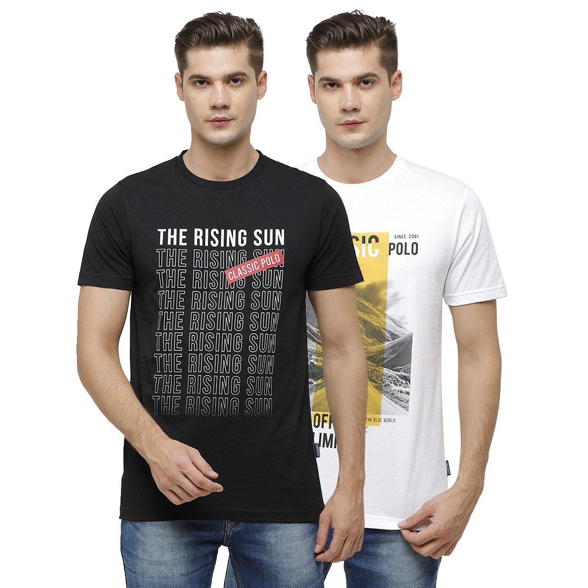 Classic Polo Men's Half Sleeve Crew Neck White & Black Slim Fit Single Jersey Pack Of 2 T-shirt Iris - 01 SF C T-shirt Classic Polo 