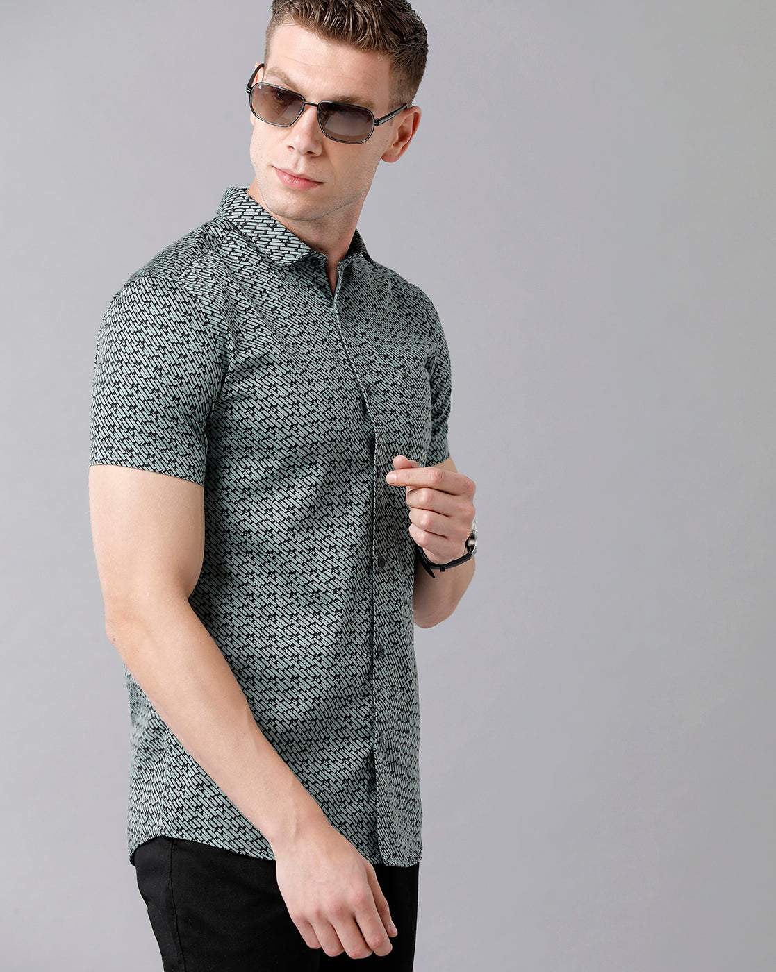 CP BRO Men's Cotton Printed Half Sleeve Slim Fit Polo Neck Grey Color Woven Shirt | Sbn2-14 B