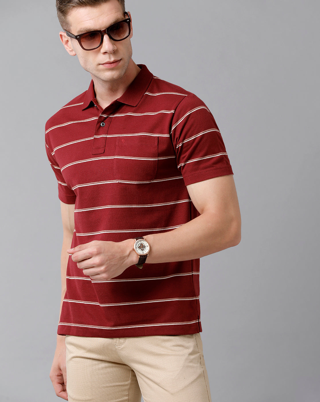 Classic Polo Men's Cotton Blend Striped Half Sleeve Regular Fit Polo Neck Red Color T-Shirt | Avon - 494 A