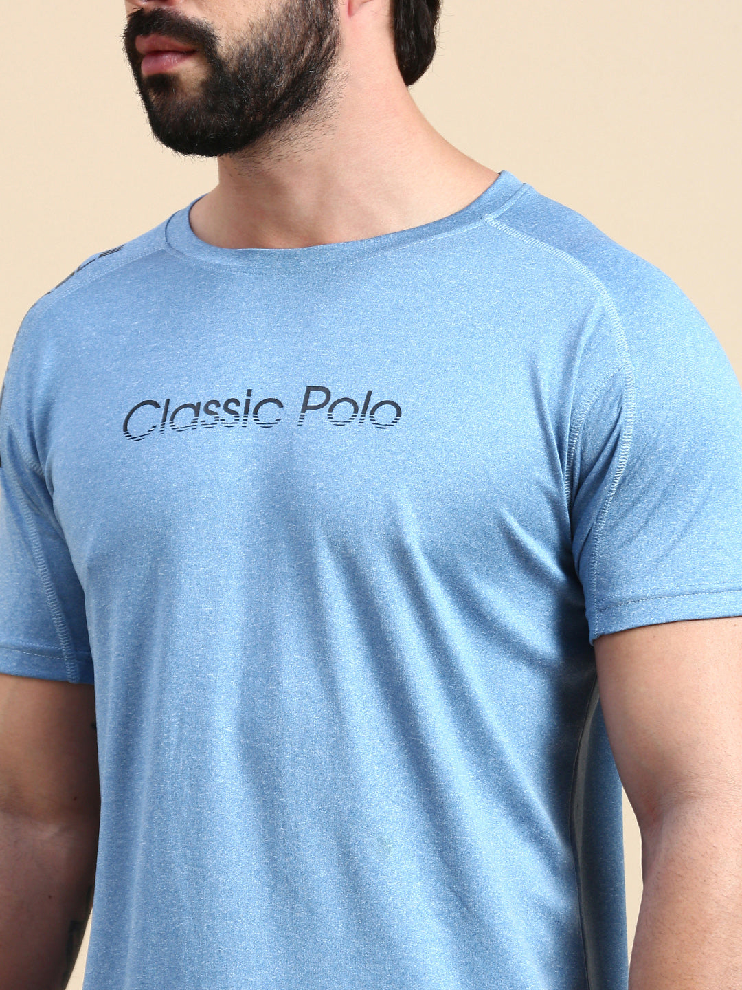 Classic Polo Men's Round Neck Polyester Blue Slim Fit Active Wear T-Shirt | GENX-CREW 15B SF C