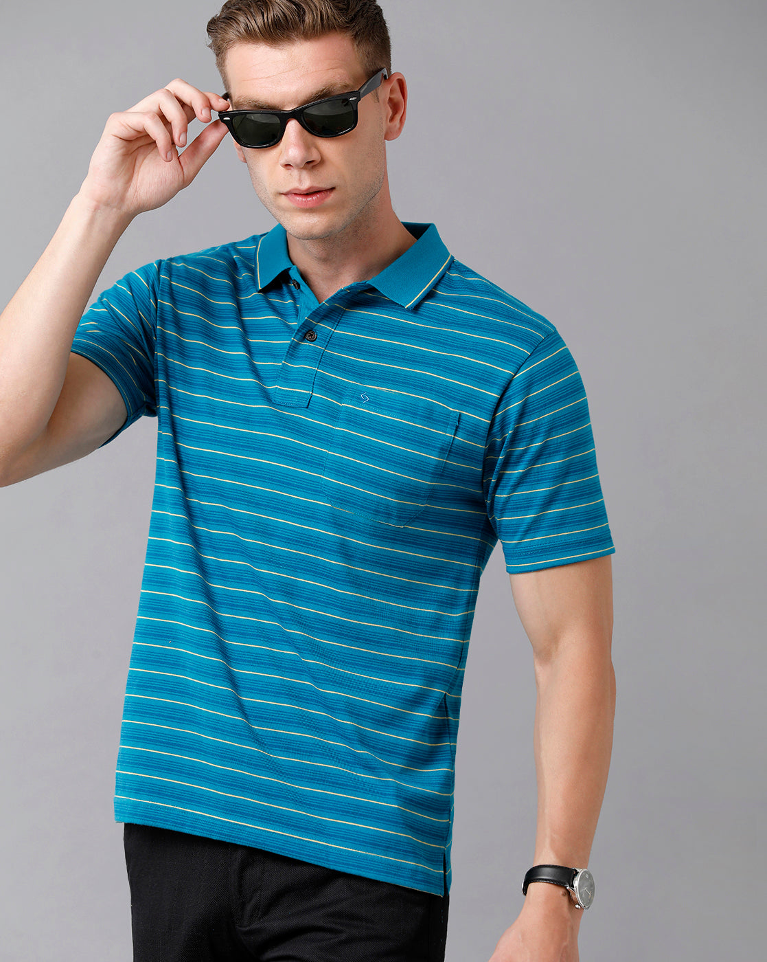 Classic Polo Men's Cotton Striped Half Sleeve Regular Fit Polo Neck Blue Color T-Shirt | Feeders - 206 A
