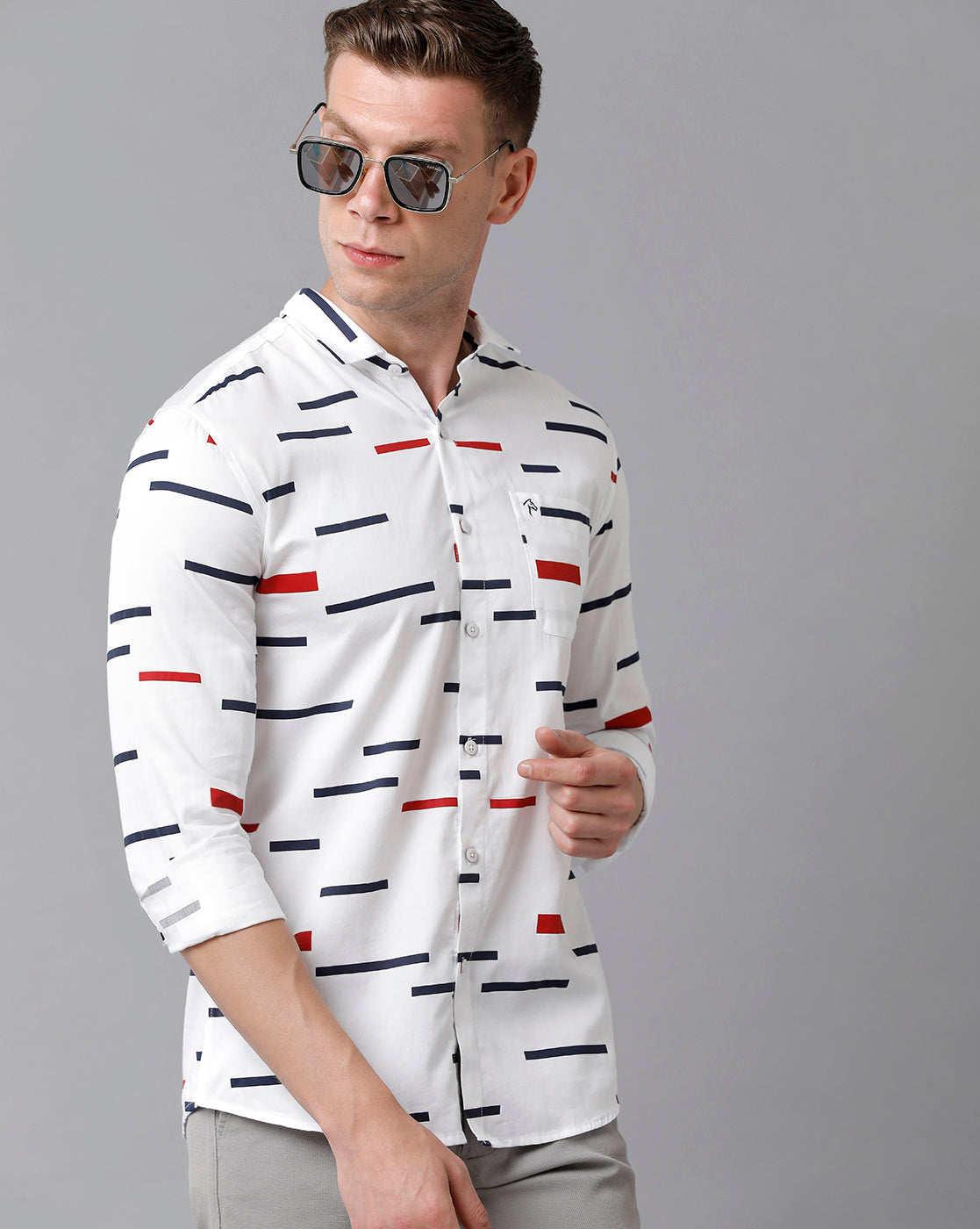 CP BRO Men's Cotton Printed Full Sleeve Slim Fit Polo Neck White Color Woven Shirt | Sbn2-12 A